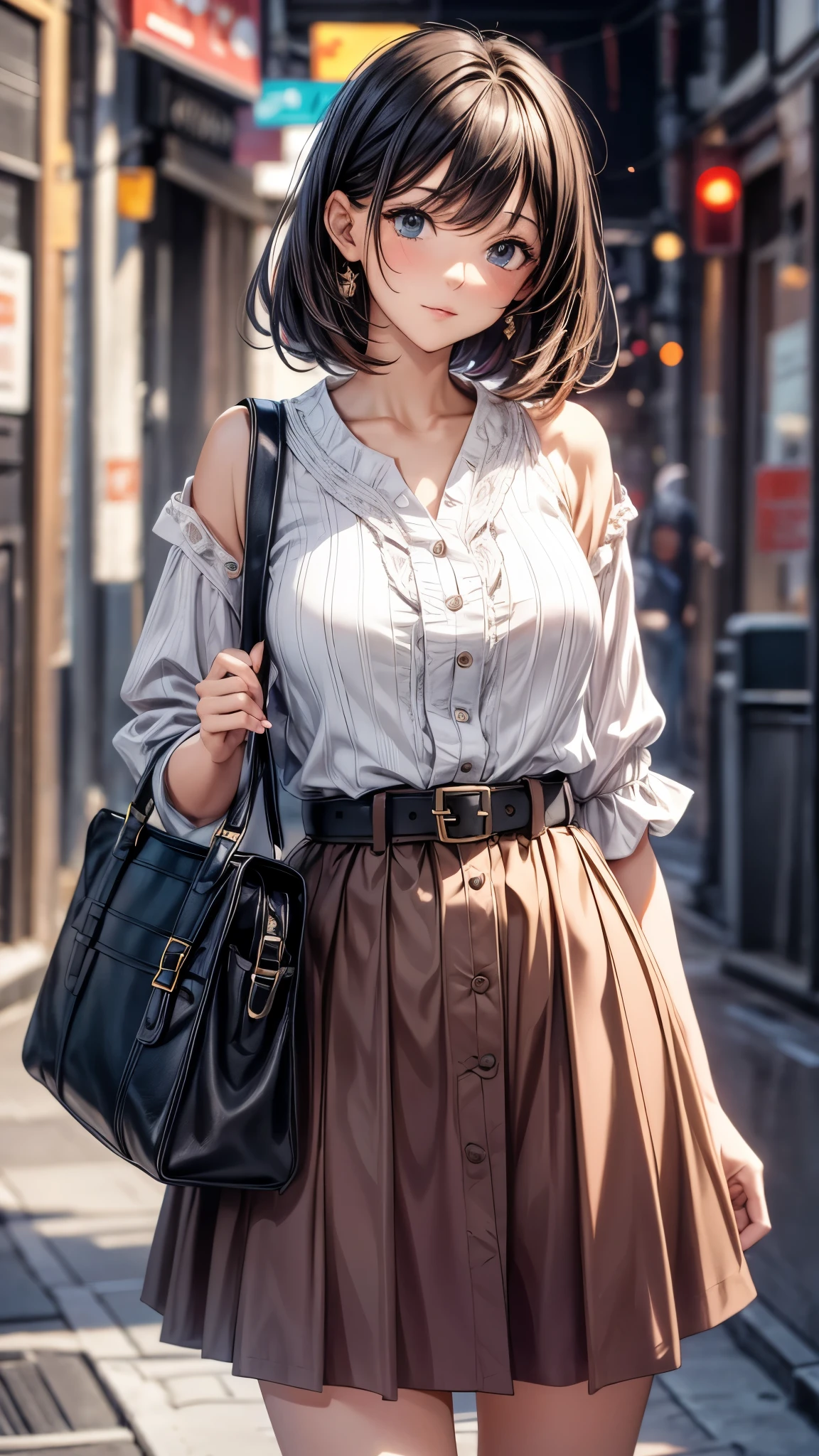 One 30 years old woman,casual style,blouse,belt,maximum length skirt,((pamps)),shoulder bag.