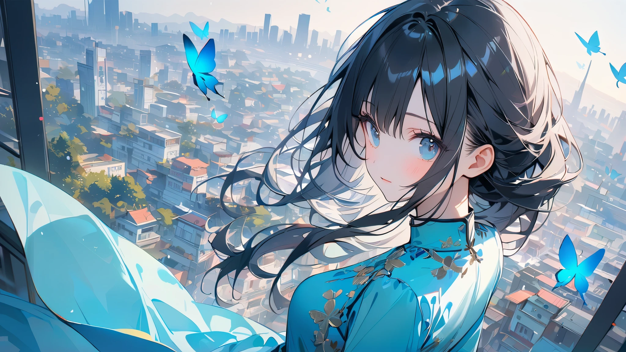 Very detailed、Very absurd、超High resolution, Attention to detail, high quality, High resolution, 最high quality, 4K, 8K, Awards、((ao dai))、Pale sky blue color、cute,Black Hair、Long Hair、Butterflies flying around、Vietnam cityscape background、(Wallpaper-style design)