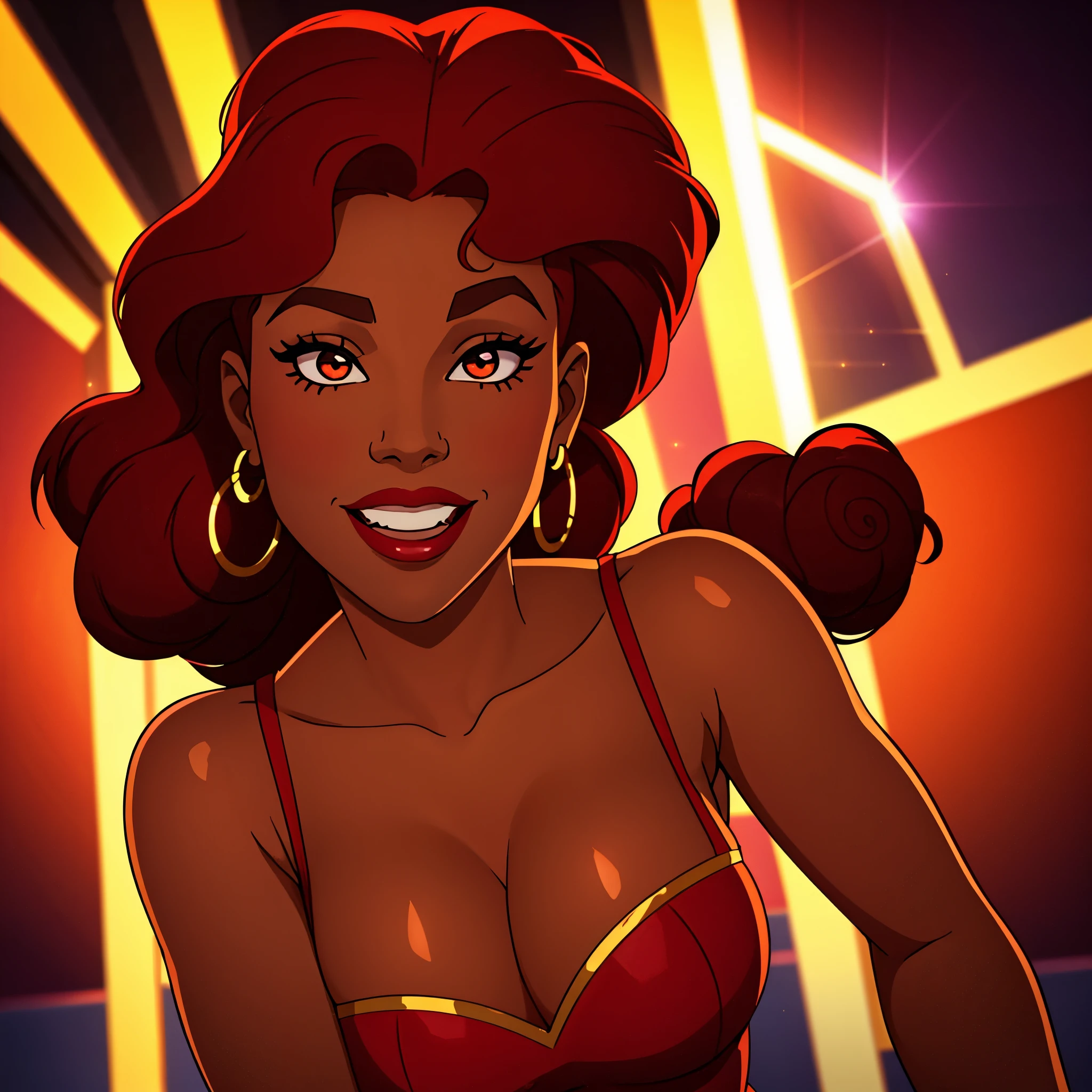 Create a close-up face portrait of a fictional 1970s African-American female R&B superstar named Ruby Roux. She has vibrant red curly hair, expressive brown eyes, and a radiant smile. Ruby wears bold makeup typical of the 1970s, including dramatic eyeliner and red lipstick. She is adorned with large hoop earrings and a glittery outfit that reflects the flashy style of the era. The background should feature a blurred colorful stage with vintage lights, adding to the retro and glamorous atmosphere. cinematic action, cinematic lighting, backlighting, masterpiece, anatomically correct, textured skin, super detail, 8k atmospheric perspective, depth of field,