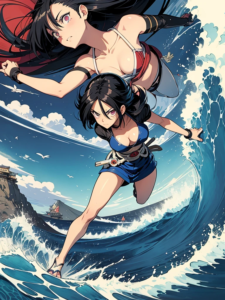 battle angel alita in a scene like the big wave by katsushika hokusai
