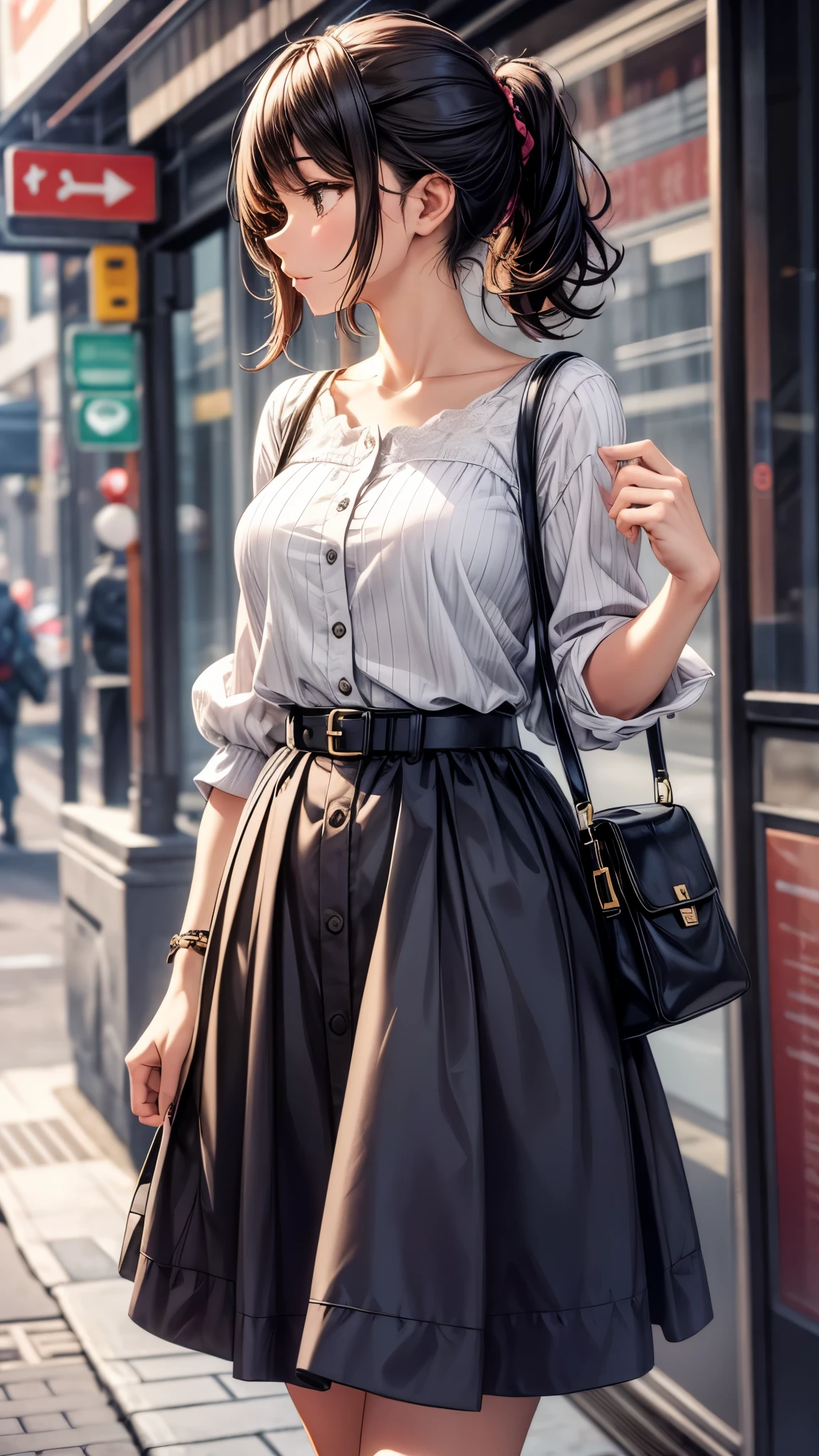 One 30 years old woman,casual style,blouse,belt,maximum length skirt,((pamps)),shoulder bag.