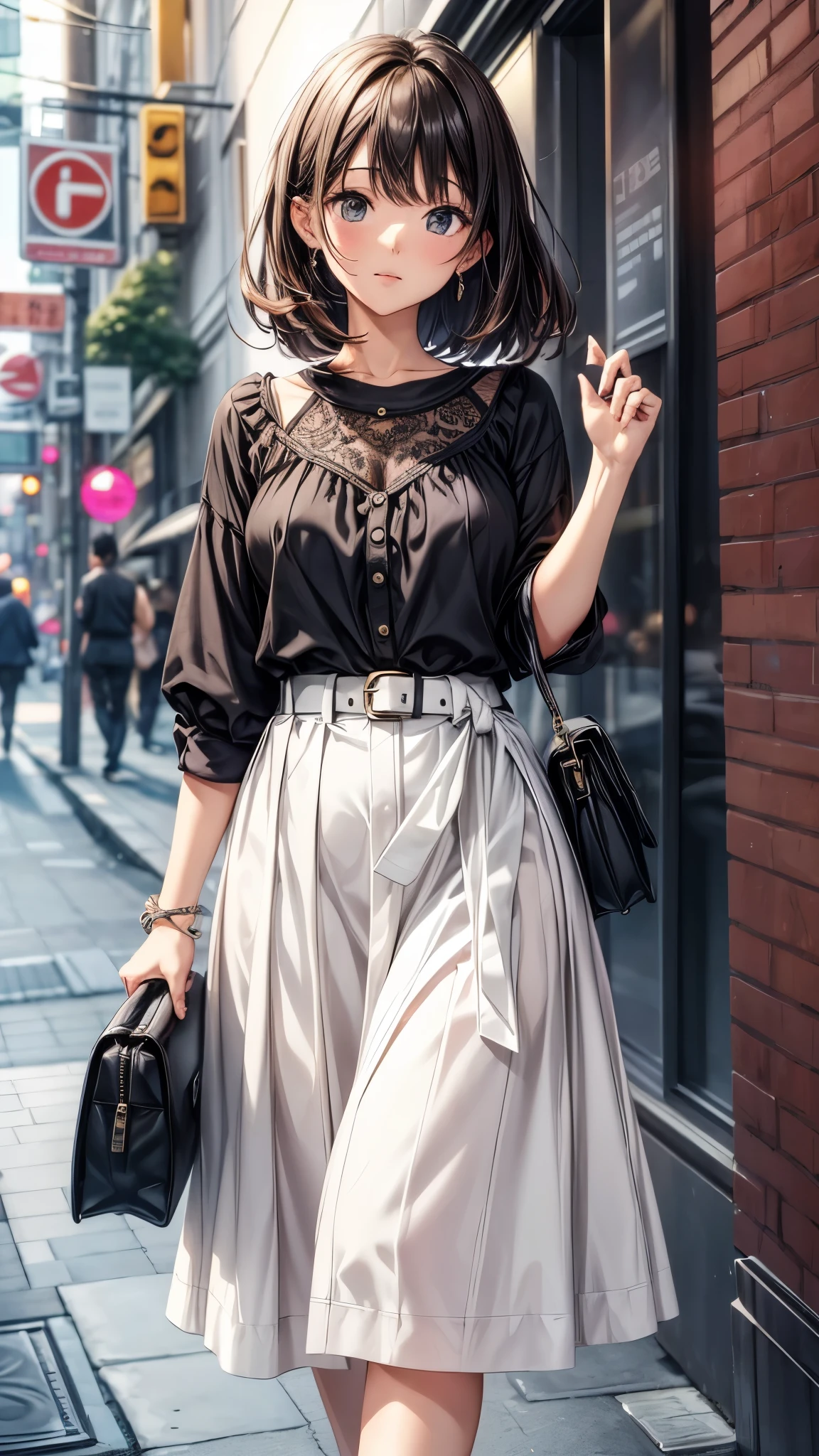 One 30 years old woman,casual style,blouse,belt,maximum length skirt,((pamps)),shoulder bag.