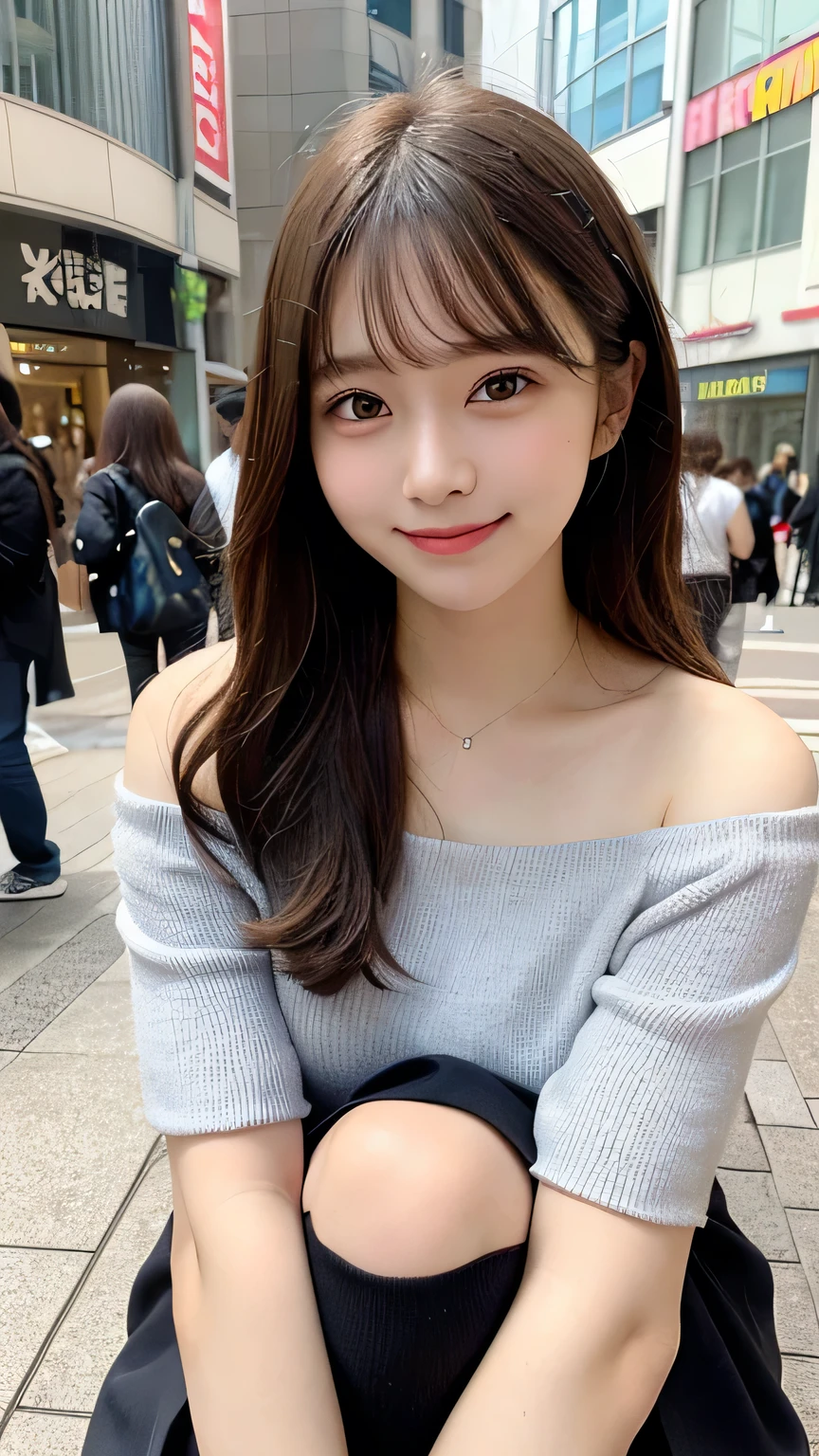 High resolution, Highest quality, Perfect dynamic composition, Beautiful attention to detail, Off the shoulder、Shiny Hair、Medium Hair, Natural color lip, university student、Harajuku、smile、Crouching、M-shaped feet