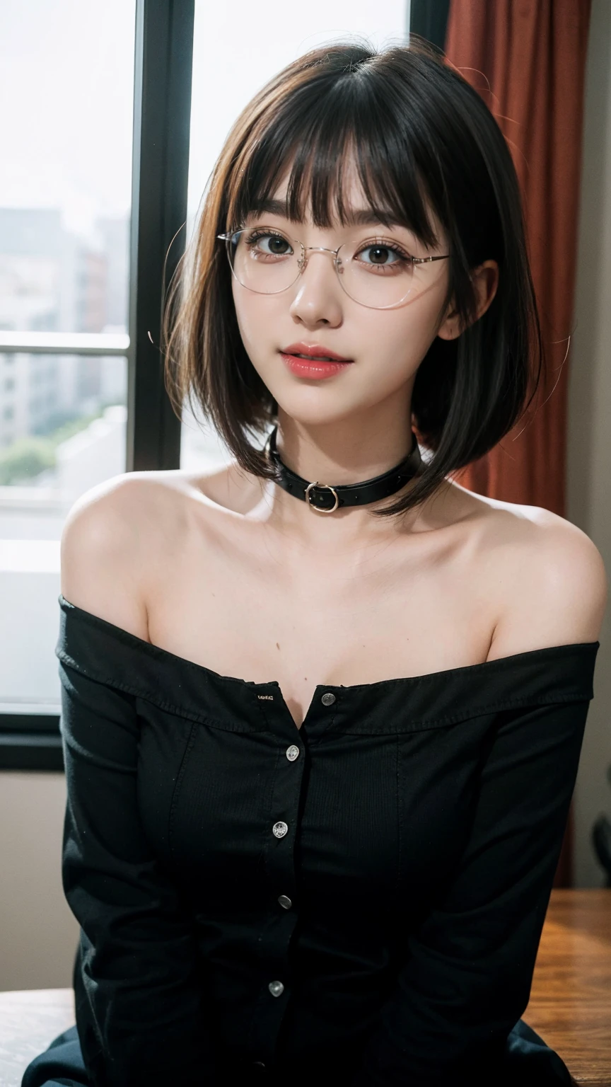 (best quality, masterpiece:1.3), (actual, photo actual:1.3), ultra high resolution, ultra high definition, Extremely detailed CG unified 8k wallpaper, sharp focus, Ridiculous, (actual skin, Delicate skin), (perfect anatomy), glossy lips, (official art, Beautiful and beautiful), (1 girl), (generous smile:1.3), (seductive face:1.3), (korean woman:1.3), alone, depth of field, office,(big breasts:1.1),whole body,(off-shoulder outfit:1.3), (curvy hips:1.1), (midjourney), (collar), (direct eye contact:1.3), (blunt bangs:1.5), (long hair:1.2), (wearing glasses)