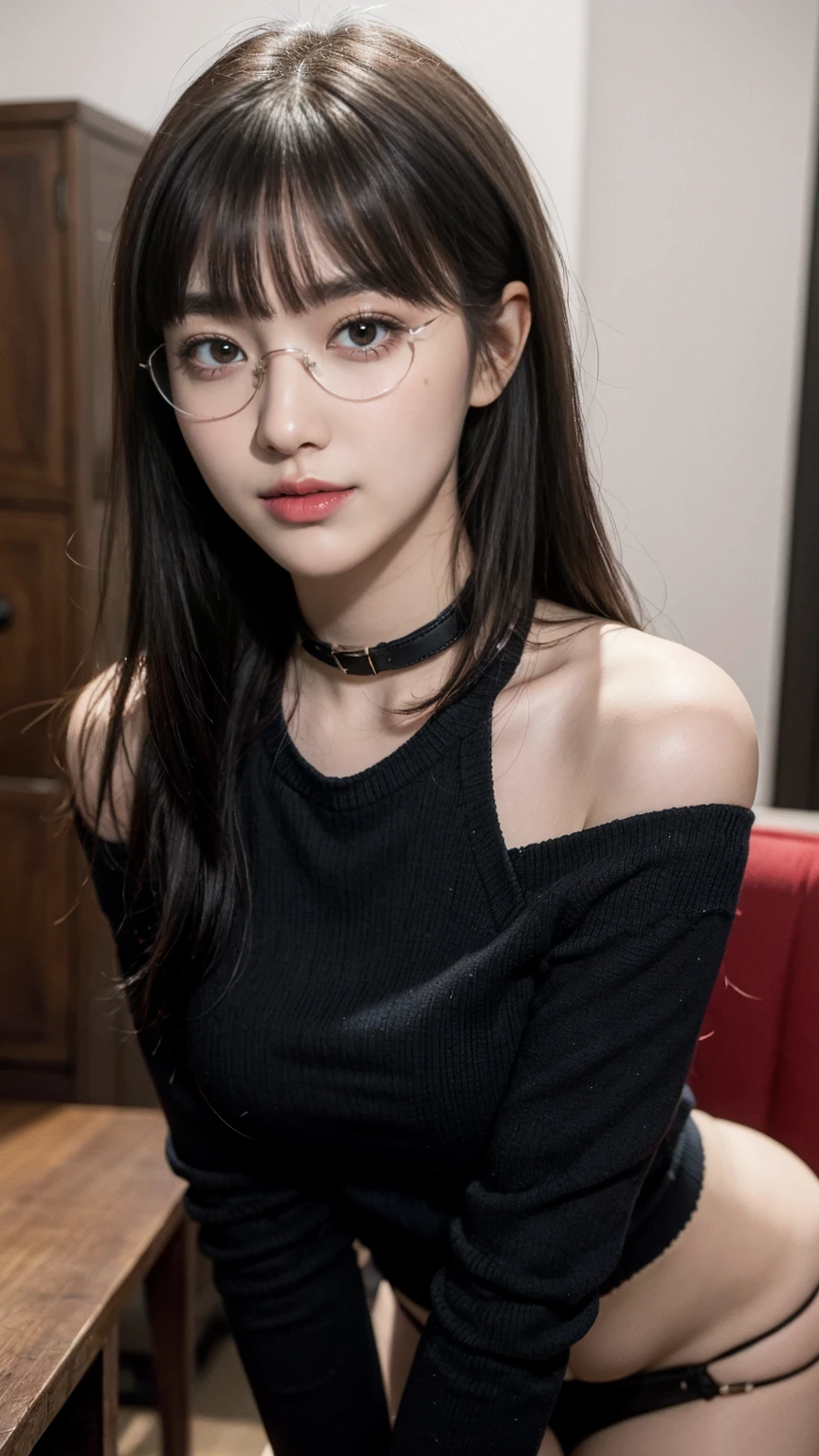 (best quality, masterpiece:1.3), (actual, photo actual:1.3), ultra high resolution, ultra high definition, Extremely detailed CG unified 8k wallpaper, sharp focus, Ridiculous, (actual skin, Delicate skin), (perfect anatomy), glossy lips, (official art, Beautiful and beautiful), (1 girl), (generous smile:1.3), (seductive face:1.3), (korean woman:1.3), alone, depth of field, office,(big breasts:1.1),whole body,(off-shoulder outfit:1.3), (curvy hips:1.1), (midjourney), (collar), (direct eye contact:1.3), (blunt bangs:1.5), (long hair:1.2), (wearing glasses)