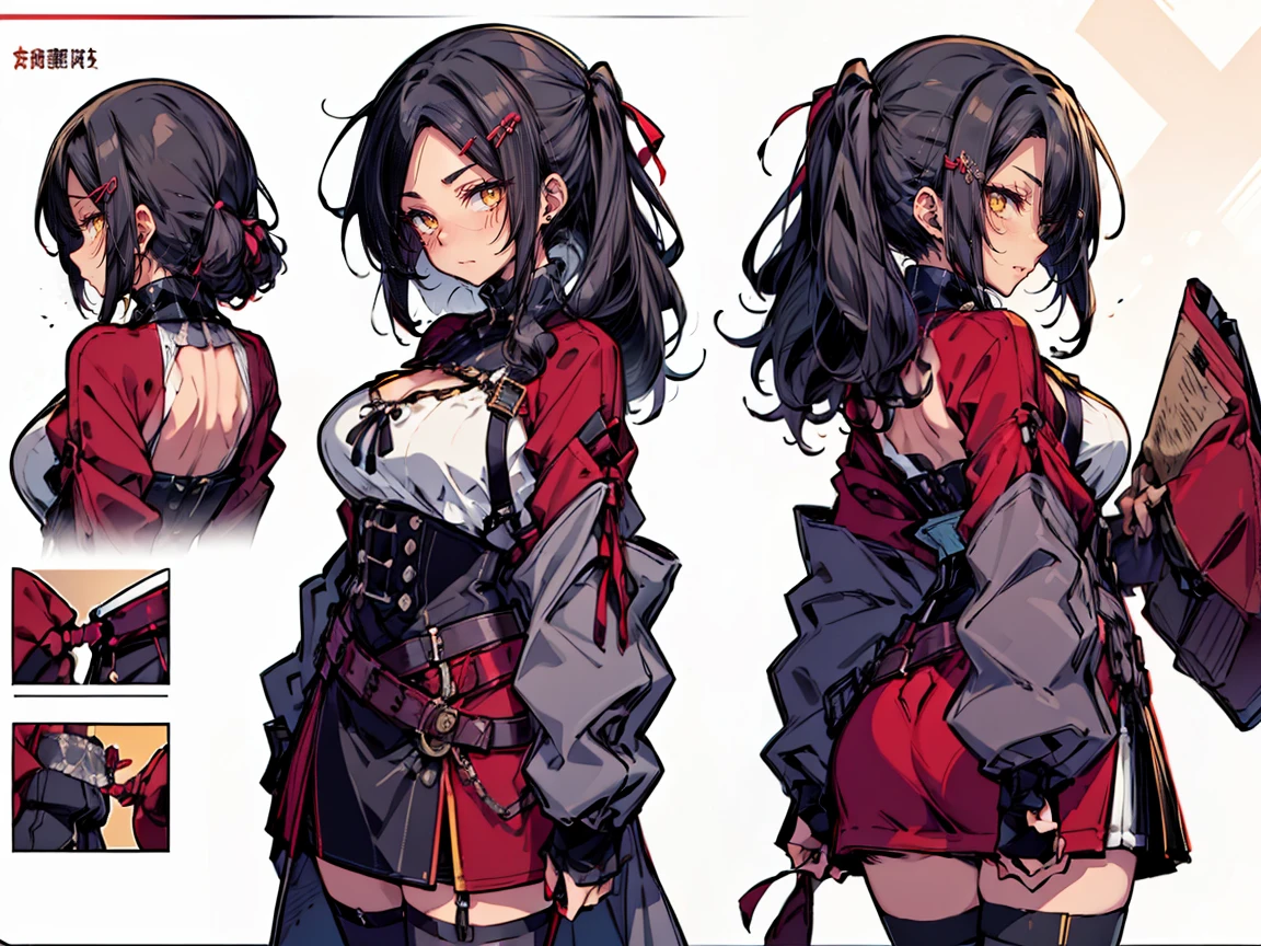 ((three-sided view, front view, side view, back view, multiple views, multiple poses and expressions, many parts)), concept art, character concept art, character sheet, Full body, illustration, (simple background, gray background), 1 character, 1girl, fantasy art, (hui xiyi:0.7), rekkyo sensen, rekkyou sensen, girls with((black hair, bangs, (one side up, long wavy hair, hair clips:1.55), perfect hands, perfect fingers, (exposed breasts, tits cleavage, breasts close up:1.2), dress((suspenders, dress, belts:1.15), (blue clothes, frills shirt, white knit sweater, long sleeves:1.2)), (white legwear, thighhighs, single thighhighs, single legwear, black footwear, strap shoes:1.42))