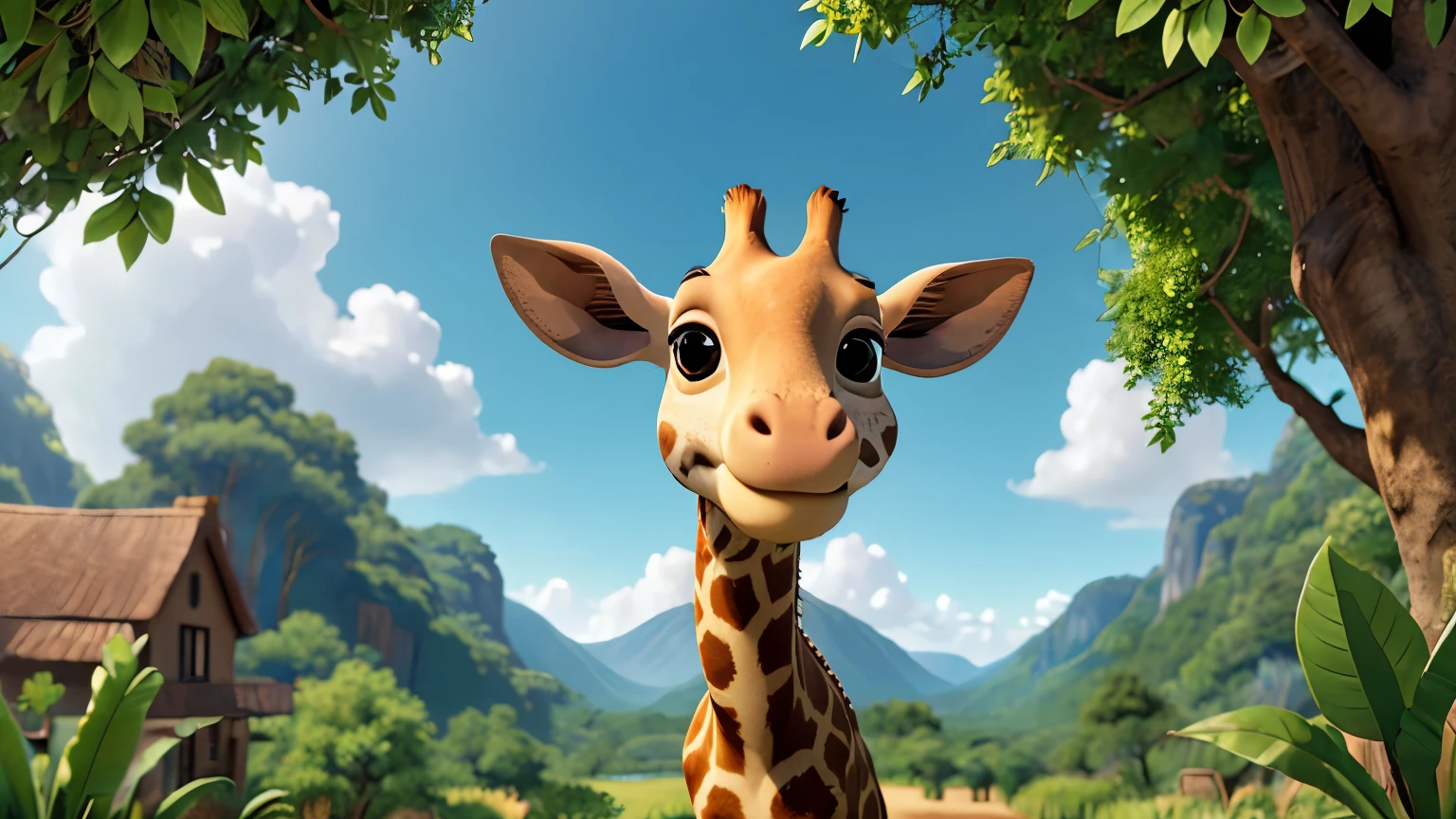 (best quality,4k,8k,highres,masterpiece:1.2),ultra-detailed,realistic,photorealistic,photo-realistic:1.37,HDR,UHD,studio lighting,ultra-fine painting,sharp focus,physically-based rendering,extreme detail description,professional,vivid colors,bokeh,disney design,2D illustration,giraffes reaching up to the sky,detailed giraffe neck and head,long eyelashes,detailed eyes,beautiful detailed face,intricate texture of fur,natural lighting,warm color palette,whimsical composition,enchanting scenery,lush greenery,fluffy clouds,magical atmosphere