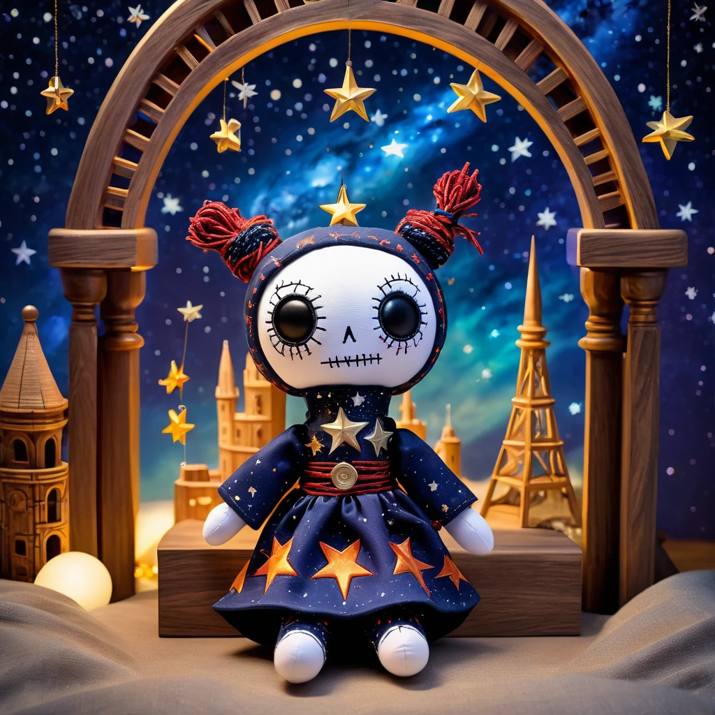 (knitted toy voodoo doll:1.5), (Voodoo Doll in a Star Tower:1.3), (Clothing: celestial robes with star patterns:1.0), (Accessories: enchanted telescope emitting starry light, floating constellations:1.1), (background: majestic star tower with glowing stars, celestial symbols, and a night sky view:1.2), best quality, masterpiece, detailed soft oil painting, detailed background, dramatic cinematic lighting, soft edge lighting, professional, dramatic lighting, hard edge lighting,
ultra quality, 4k,masterpiece, best quality, 8k, ultra highres, highres, extremely detailed