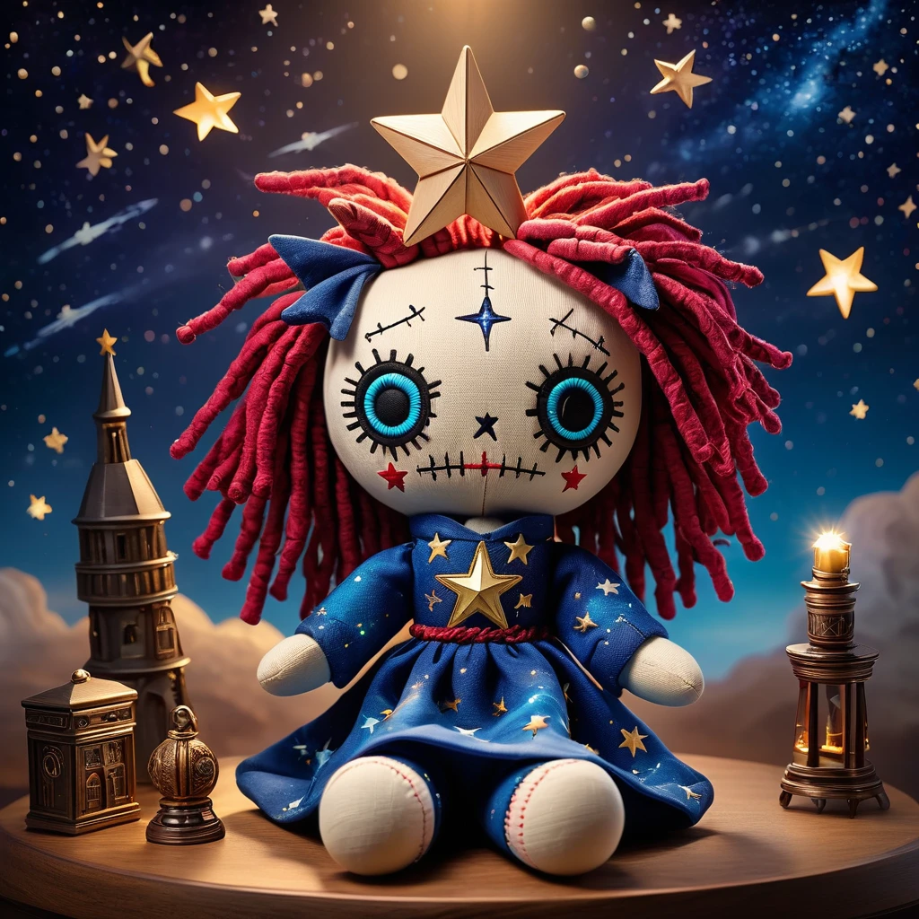 (knitted toy voodoo doll:1.5), (Voodoo Doll in a Star Tower:1.3), (Clothing: celestial robes with star patterns:1.0), (Accessories: enchanted telescope emitting starry light, floating constellations:1.1), (background: majestic star tower with glowing stars, celestial symbols, and a night sky view:1.2), best quality, masterpiece, detailed soft oil painting, detailed background, dramatic cinematic lighting, soft edge lighting, professional, dramatic lighting, hard edge lighting,
ultra quality, 4k,masterpiece, best quality, 8k, ultra highres, highres, extremely detailed