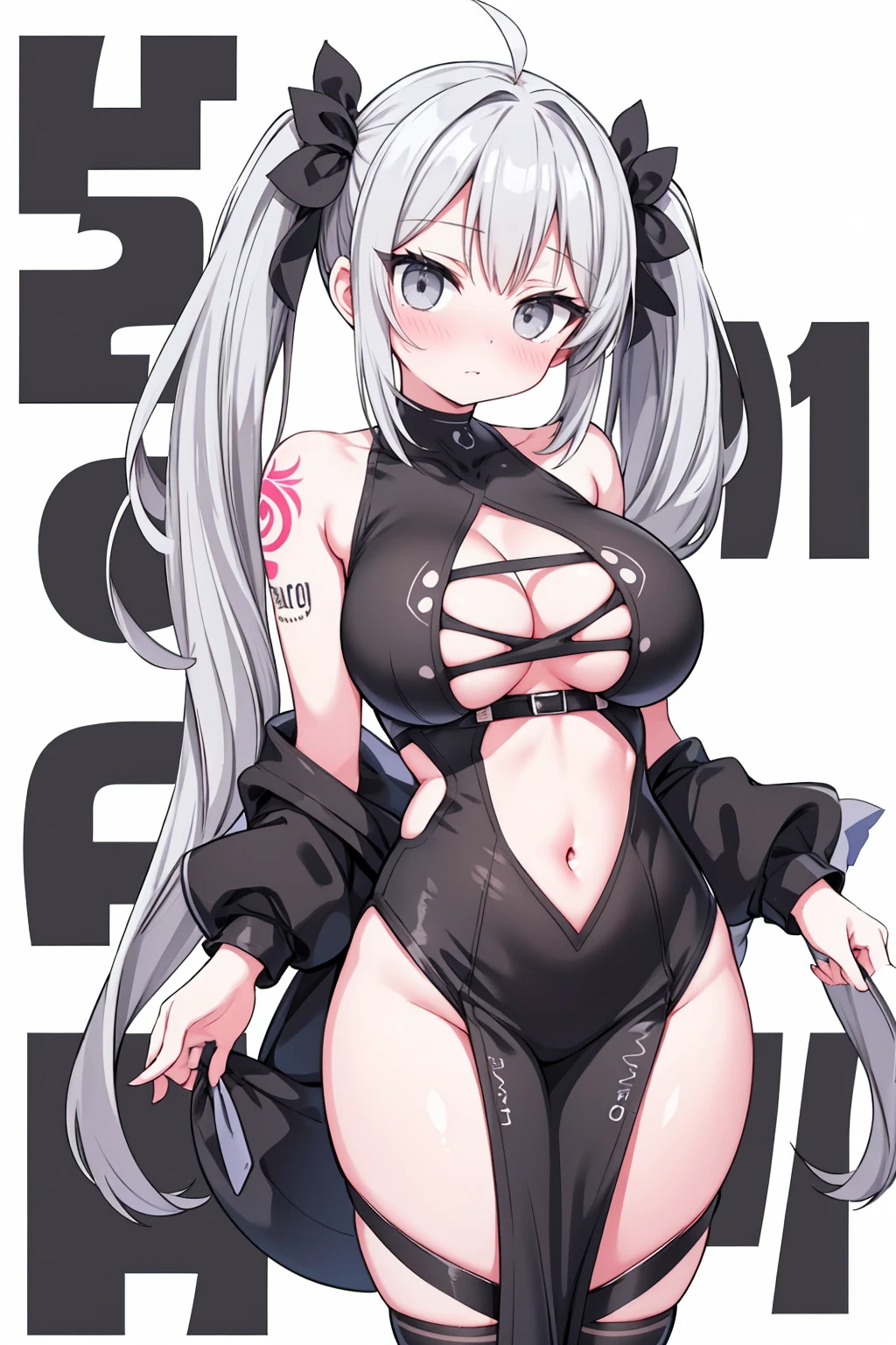 whole body,Standing posture, (Gray Hair,Twin tails,) (Super big breasts,,Symphogia style,), (beautifully drawn face:1.2) (Naked,Tattoo of numbers on the chest,) Embarrassed expression,(White background) 