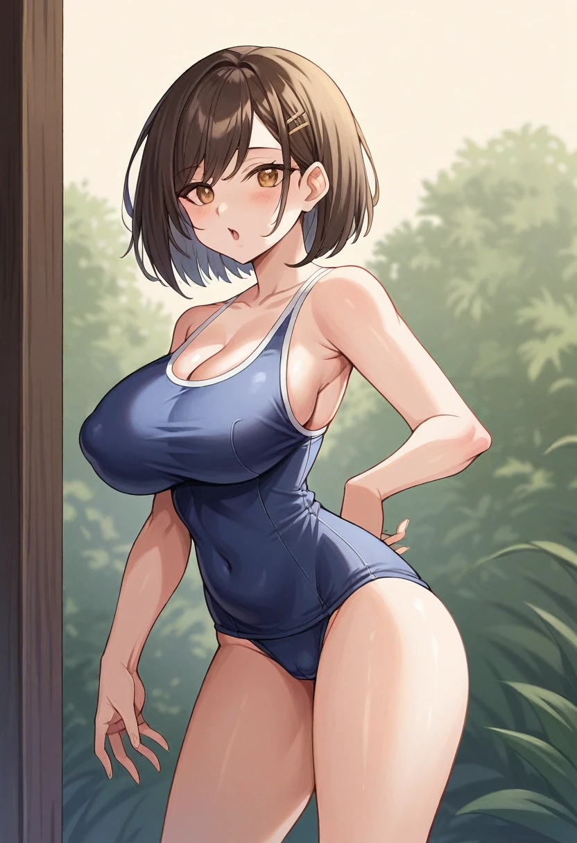 ((Highest quality, 8K, masterpiece :1.3)), Sensual woman, One girl, (Slim figure :1.2), Dark brown hair, (Outdoor), Highly detailed face, Detailed lips, Fine grain, double eyelid,(School Swimsuit,Huge breasts:1.5) nsfw