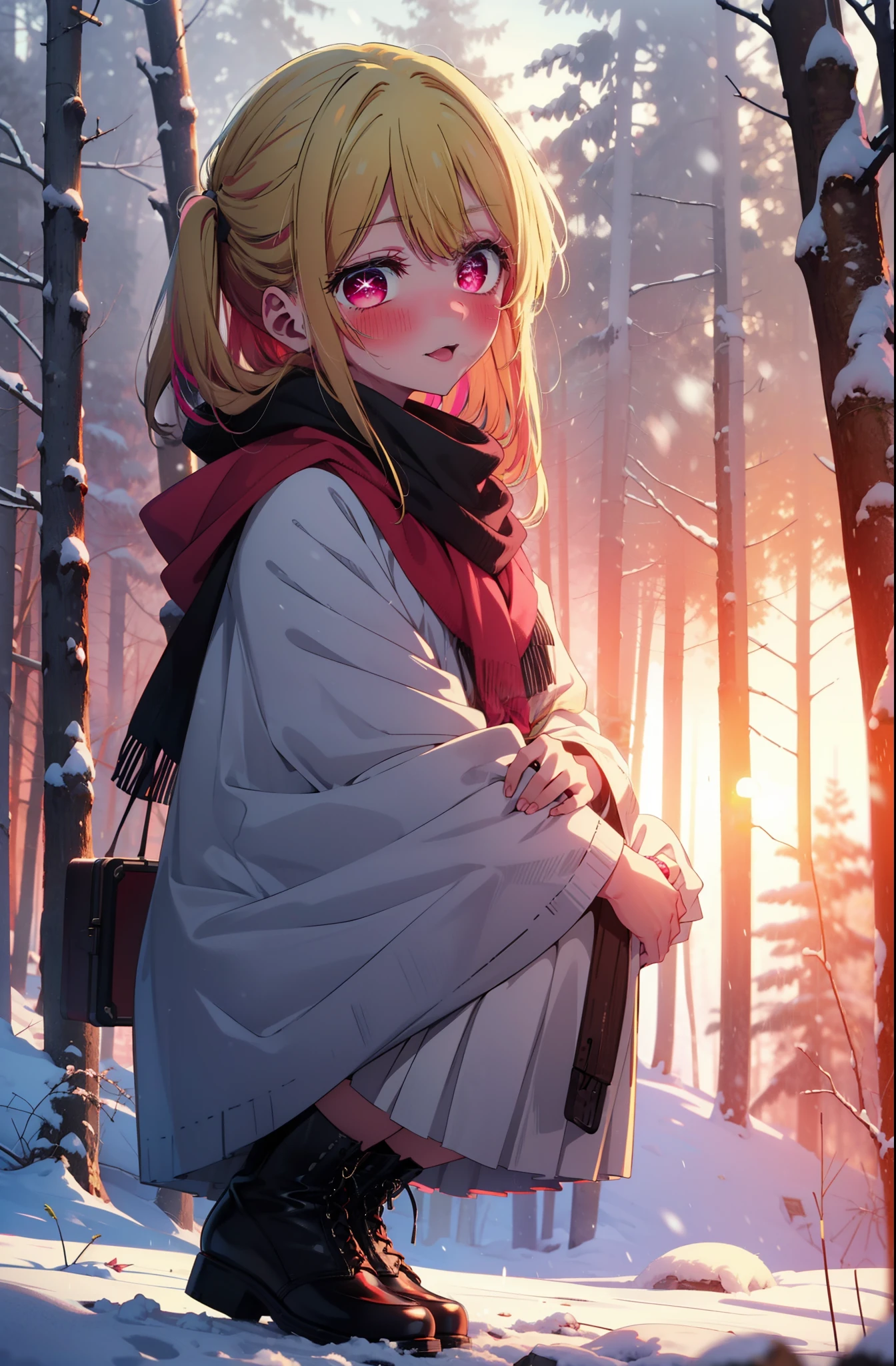 rubyhoshino, Hoshino Ruby, Long Hair, bangs, Blonde, (Pink Eyes:1.3), (Symbol-shaped pupil:1.5), Multicolored Hair, Two-tone hair, smile,blush,White Breath,
Open your mouth,snow,Ground bonfire, Outdoor, boots, snowing, From the side, wood, suitcase, Cape, Blurred, , forest, White handbag, nature,  Squat, Mouth closed, Cape, winter, Written boundary depth, Black shoes, red Cape break looking at viewer, Upper Body, whole body, break Outdoor, forest, nature, break (masterpiece:1.2), Highest quality, High resolution, unity 8k wallpaper, (shape:0.8), (Beautiful and beautiful eyes:1.6), Highly detailed face, Perfect lighting, Highly detailed CG, (Perfect hands, Perfect Anatomy),