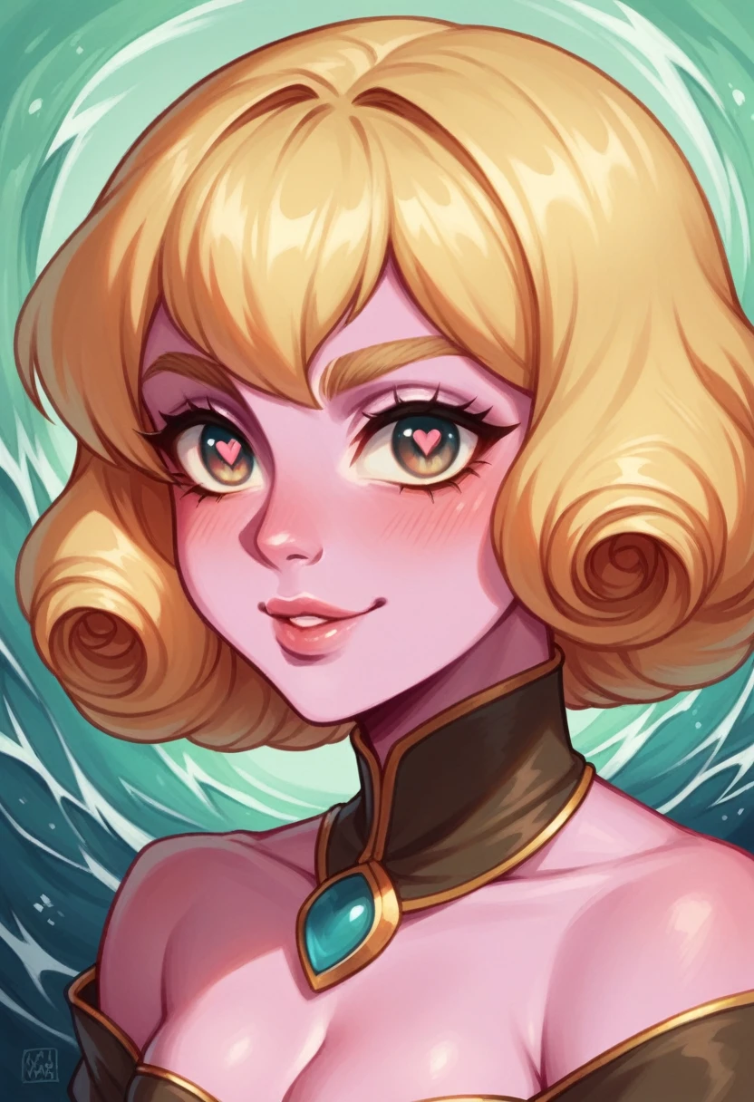 A 19-year-old human female with an ectomorph build, characterized by her slim and delicate frame, peach-pink skin that radiates a healthy glow, and long rose gold hair styled in loose waves. She has a heart-shaped face with gentle, feminine features, and her almond-shaped eyes are bright and inquisitive. Her thin lips are often curved in a thoughtful smile, and her medium, high-arched eyebrows frame her face beautifully. Her medium, straight nose adds to her refined and elegant appearance. Medieval fantasy adventurer's clothing