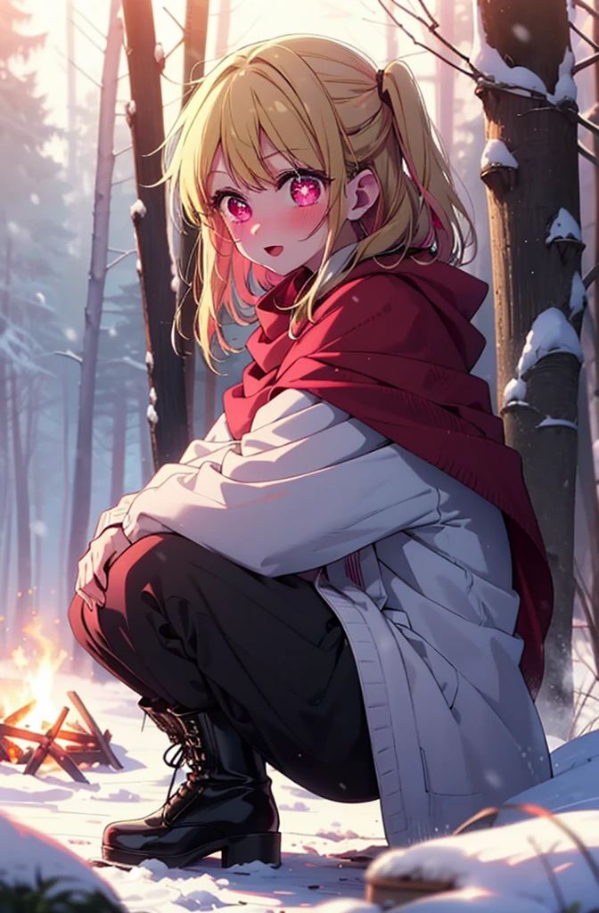 rubyhoshino, Hoshino Ruby, Long Hair, bangs, Blonde, (Pink Eyes:1.3), (Symbol-shaped pupil:1.5), Multicolored Hair, Two-tone hair, smile,blush,White Breath,
Open your mouth,snow,Ground bonfire, Outdoor, boots, snowing, From the side, wood, suitcase, Cape, Blurred, , forest, White handbag, nature,  Squat, Mouth closed, Cape, winter, Written boundary depth, Black shoes, red Cape break looking at viewer, Upper Body, whole body, break Outdoor, forest, nature, break (masterpiece:1.2), Highest quality, High resolution, unity 8k wallpaper, (shape:0.8), (Beautiful and beautiful eyes:1.6), Highly detailed face, Perfect lighting, Highly detailed CG, (Perfect hands, Perfect Anatomy),