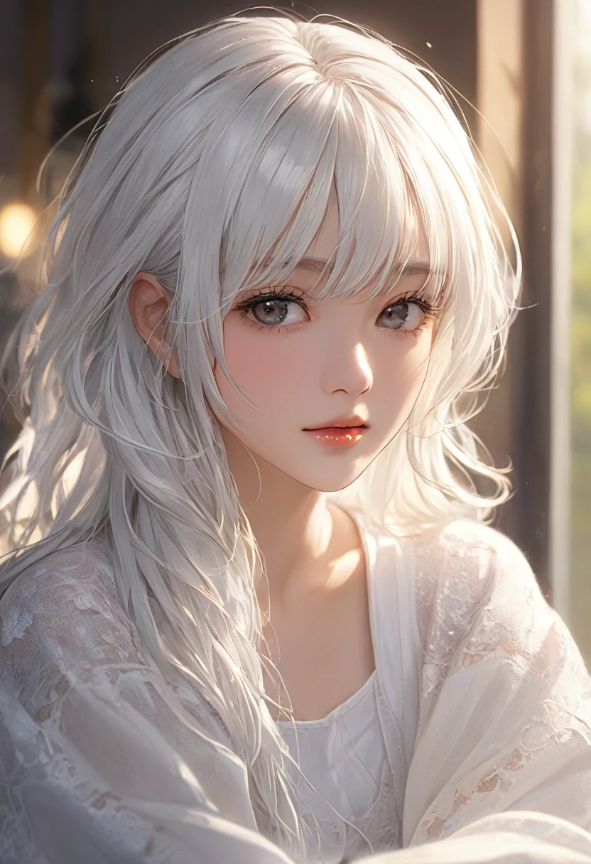 masterpiece , morning , close up , beauty , white hair