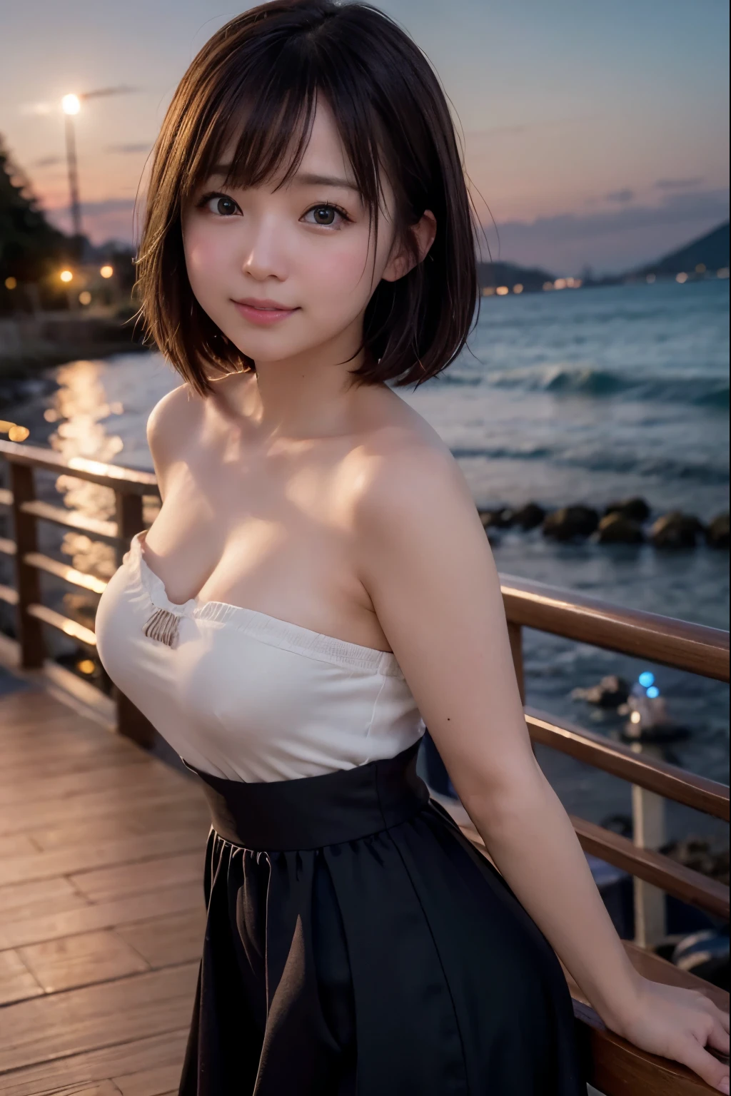 Coast, Waves, Serene Twilight, Water Reflection, 
Widephoto Lens:1.2, 
Mount Fuji Background Right:1.8, 
Tombolo with Onshore Lighthouse Tower Left:1.8, 
Winding Congested Coastline on Right with Illuminated Street Lamps Along Shore, 
[Grassy Park Foreground], 
1 Japanese Girl, Very Short Bob Cut:1.8, Wide-Set Eyes, Very White Skinned, Blush, Bashfully, 20-Year-Old, Open Mouse Slightly, 
On Wooden Deck, 
Brown Hair, 
Light Smiling, Cheerful, 
Looking Back Viewer, 
Medium Shot, 
SFW:1.0, 
8K, RAW Photo, Best Quality, Masterpiece, Realistic, PhotoRealistic, Extremely Detailed 8K Wallpaper, Beautifully Detailed Eyes, Finely Detailed Face, 
High-Key Lighting, Professional Lighting, Cinematic Lighting, Sidelighting, Bokeh