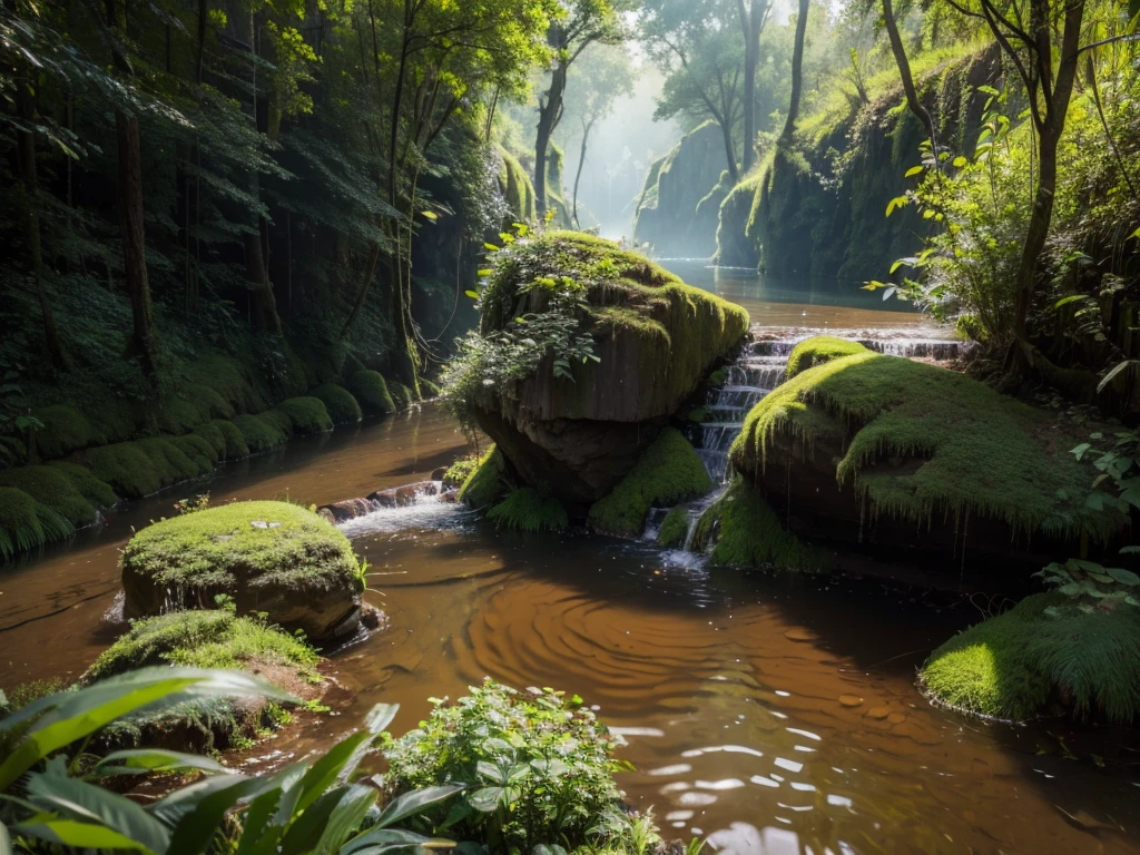 8K HD quality,Photos of the lush deep canyon, River forest forest grows in the river,There are raft planks