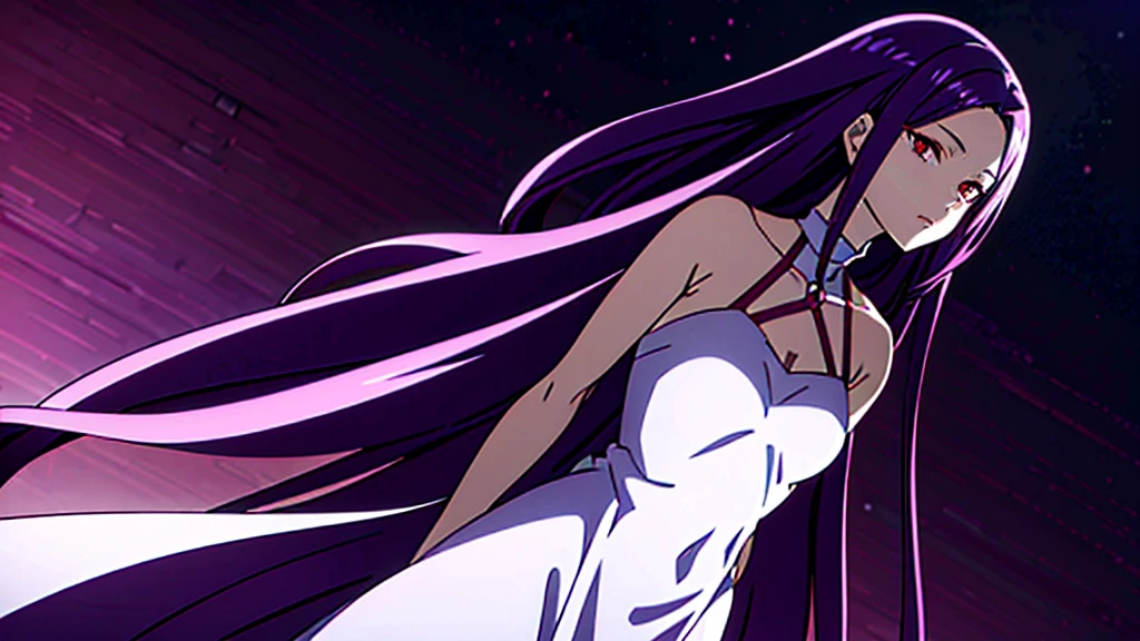 Woman, long dark purple hair, red eyes, portrait, gisha, anime image, Stand straight and look at the camera ,white long open dress, angle, silver jewelry in the shape of ribs , Masterpiece, hiquality, 4k, HD, Good detail