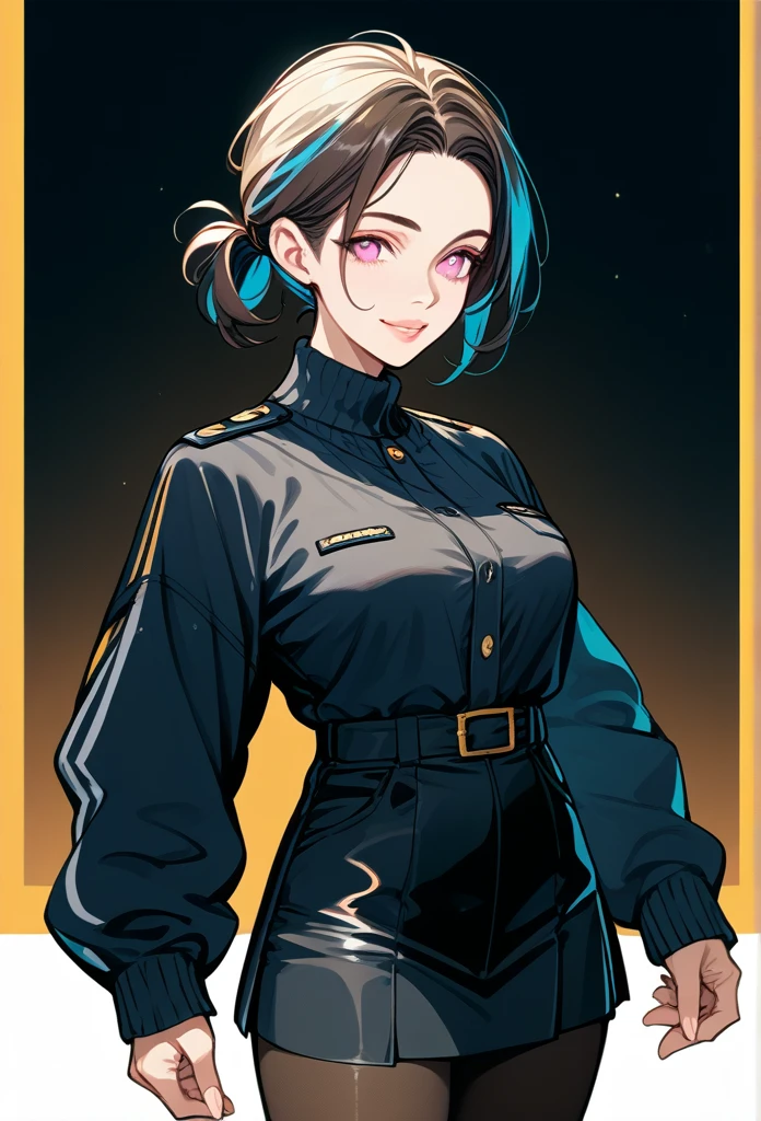 mature woman, mature face, pink eyes, soft expression, gentle smile, glossy lips, ponytail hair, short ponytail, azure color hair, long left bang hairstyle, mature body, dark blue cardigan, short skirt, navy color skirt, pantyhose