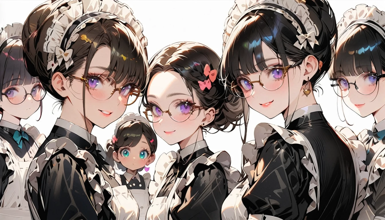 Five girls,(Maid:1.5),(best quality,Extremely detailed,high resolution:1.2),beautiful girl,Exquisite makeup and perfect face, Long eyelashes, Detailed eyes and lips, A bright smile,Shiny Hair,(The cutest girl in the world:1.5),Exquisite makeup,Glasses