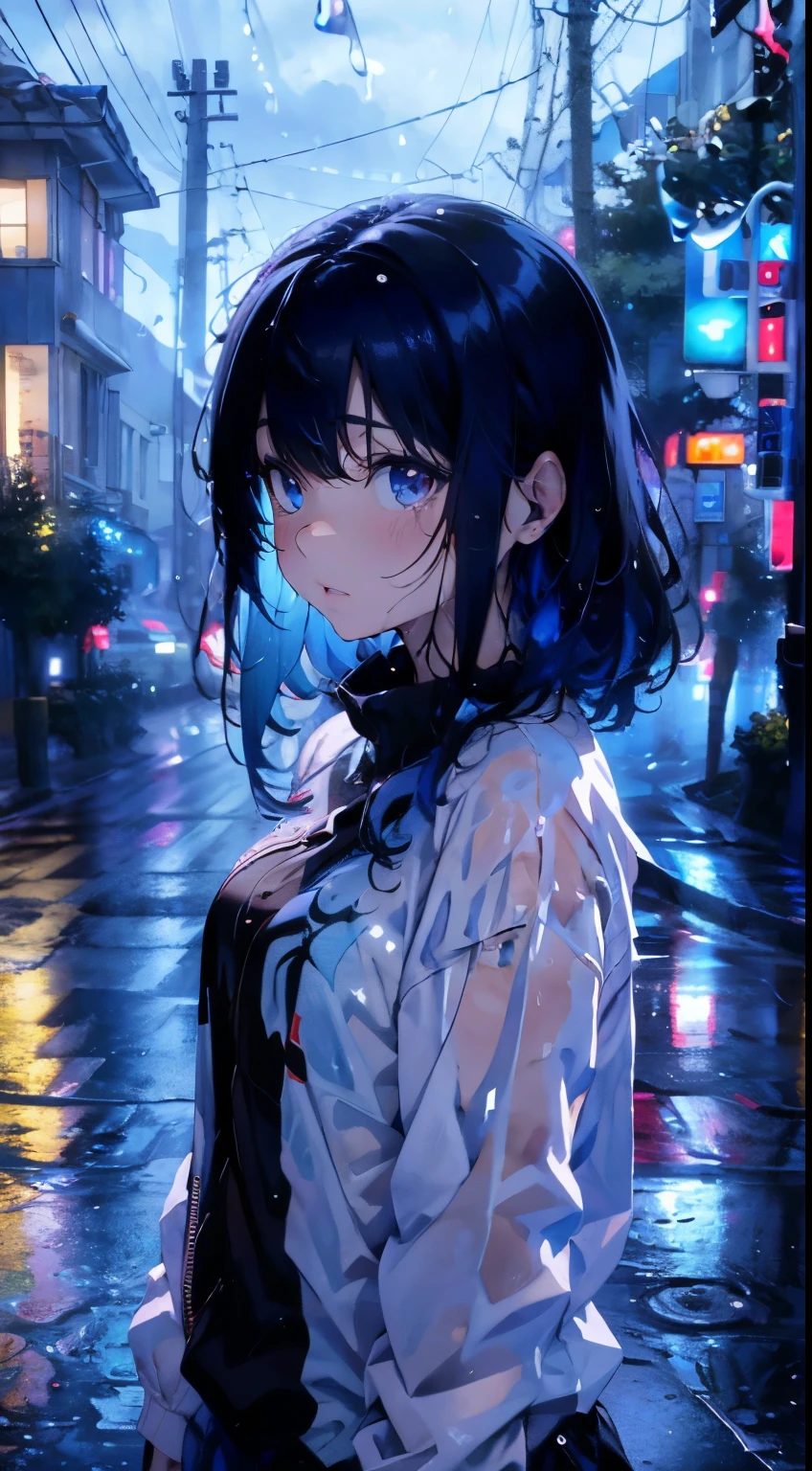 ( Highest quality,4K,8K,High resolution,masterpiece:1.2),Super detailed,(Realistic,photoRealistic,photo-Realistic:1.37),rainy scene,stress,Outdoor,Gloomy atmosphere,Realistic droplets on the face,Soaked clothes,Dark colors,despair,Devastation,Lonely,Lost in Thought,Emotional,Wet roads,Apply mascara to your face,Tears ran down my cheeks.,Rain-soaked hair,Water dripping from hair,Shrug,Visible sadness,Pouring rain,thunderstorm,Severe Weather,Tragic,Deep sorrow,heartache,negative emotion,despairing expression,Cold and wet,pale,Heavy rain,Wet pavement,Tears fall rapidly,Lonely,Devastation,(Blue Hair:1.2),Light Hair Color