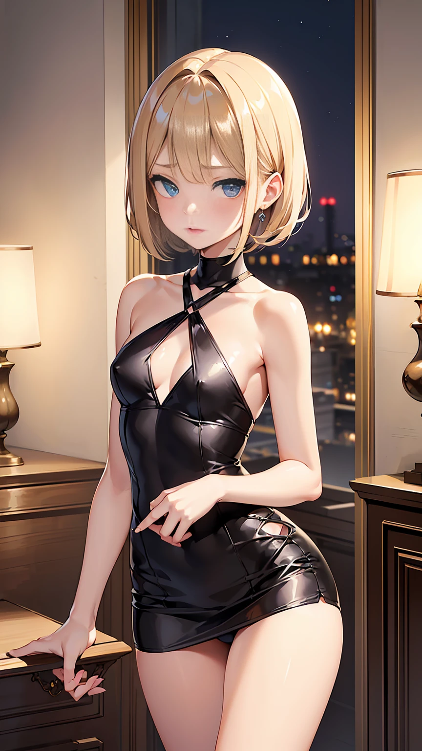 Beautiful 13y old young girl with short straight blonde hair with blue eyes wearing Tight And Short Dress, Sexy Criss Cross Mock Neck Short Sleeves Dress, luxurious jewelry and a luxurious necklace, standting in her fiiting room at night, (caucasian skin), (light brown lipstick), (elegant mascara), (slim body), (small breasts), (wide hips), midjourney, <lora:GoodHands-, <lora:GoodLegs-, <lora:GoodEyes-, UHD, high resolution, (expressive eyes, perfect face, full body, expressive face, perfect body, perfect pussy, athletic, fit, slim body, blushing, Perfect makeup, eyeliner, beautiful eyelashes, smiling, horny face), ((best illumination, best shadows)), ((sexy pose))
