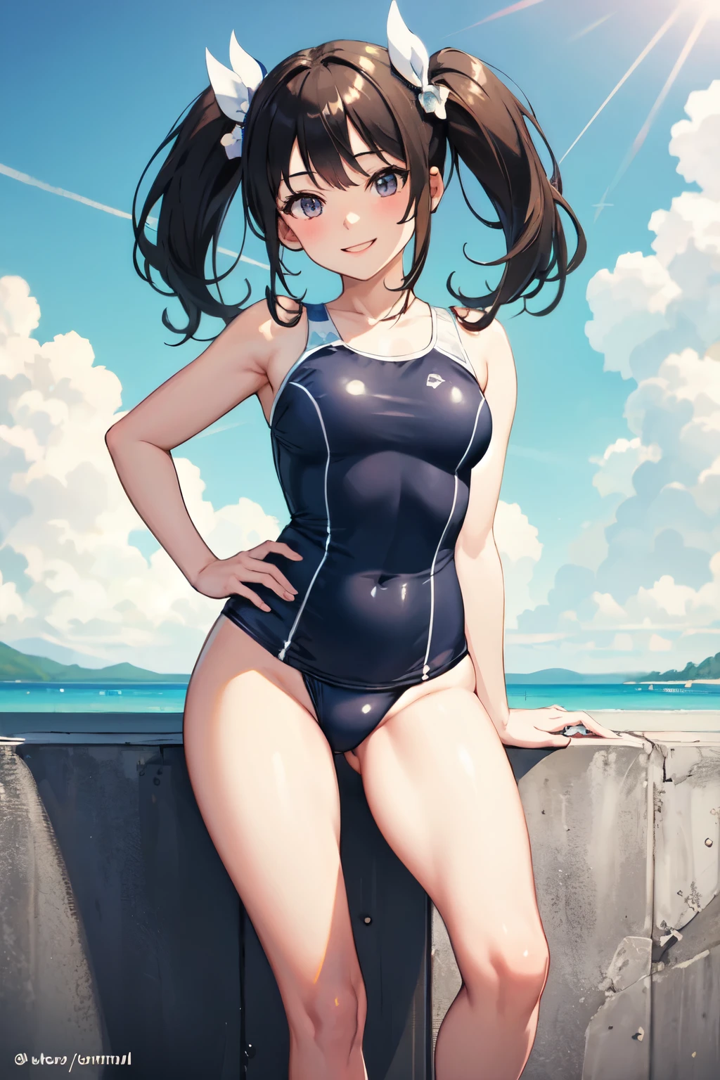 ((Highest quality)), ((masterpiece)), (detailed), high school girl, White school swimsuit, Black Hair,smile,Twin tails