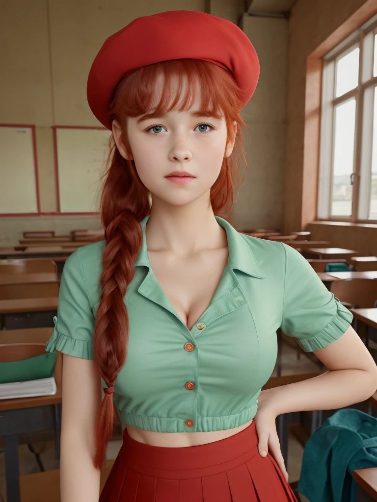 (best quality,4k,8k,highres,masterpiece:1.2),ultra-detailed,(realistic,photorealistic,photo-realistic:1.37), ((a girl in classroom, she wears shirt and skirt and beret, shy, braided red hair)), ((slim body, very large bust size for her young age))