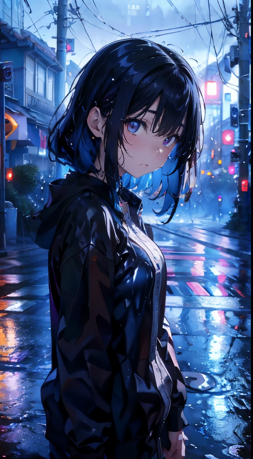 ( Highest quality,4K,8K,High resolution,masterpiece:1.2),Super detailed,(Realistic,photoRealistic,photo-Realistic:1.37),rainy scene,stress,Outdoor,Gloomy atmosphere,Realistic droplets on the face,Soaked clothes,Dark colors,despair,Devastation,Lonely,Lost in Thought,Emotional,Wet roads,Apply mascara to your face,Tears ran down my cheeks.,Rain-soaked hair,Water dripping from hair,Shrug,Visible sadness,Pouring rain,thunderstorm,Severe Weather,Tragic,Deep sorrow,heartache,negative emotion,despairing expression,Cold and wet,pale,Heavy rain,Wet pavement,Tears fall rapidly,Lonely,Devastation,Blue Hair