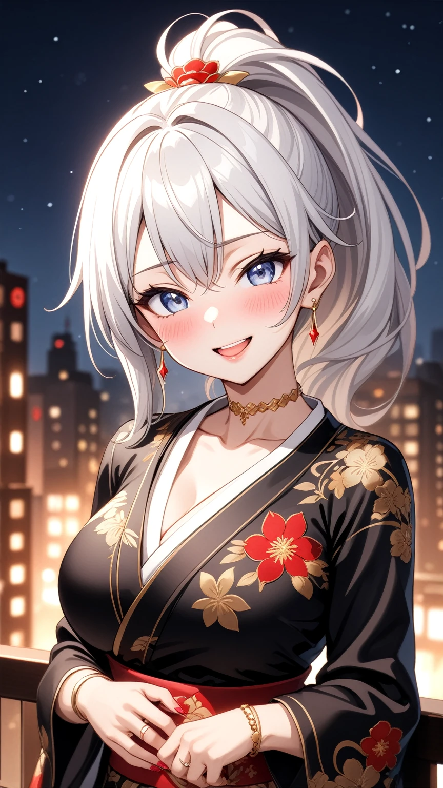 ((one woman)), Beautiful Face, upper body, Laughing embarrassedly, (laugh:1.2),((Wink:2.0)), (head tilt:1.7), Laugh with your mouth wide open, upper teeth, looking at viewer, ((full-face blush:1.6)),Glossy Red Lips, Night view, High rise building terrace, firework, Glossy red lips, Shining Face, ((anime colored)), ((Anime style background)),masterpiece, Highest quality, so beautiful,up to date, Complex details, (Pink long nails),(ring),(bracelet),(Floral choker),AI-generated, Complex,High resolution, Highest quality, super high quality,3D Images、3D Images, One person, Long white hair, High Ponytail, Anime woman posing for a photo, (blue eyes), ((Fine grain、Silvery white, lightly pigmented eyes、Shining Eyes:1.3)), (Squint your eyes:1.1),a hyperRealistic , hyperRealistic , Realistic,Anime woman with long white hair, Smooth anime CG art, ((A woman in a gorgeous kimono embroidered with gold)), ((Long sleeve black kimono:1.2)),((Red floral pattern)),Long flower hair ornament,Earrings,Mature Body,Adult women, (Big Breasts:1.1),Tall,Abdominal muscles,Tight waist,(face focus:1.1), ((front view)),