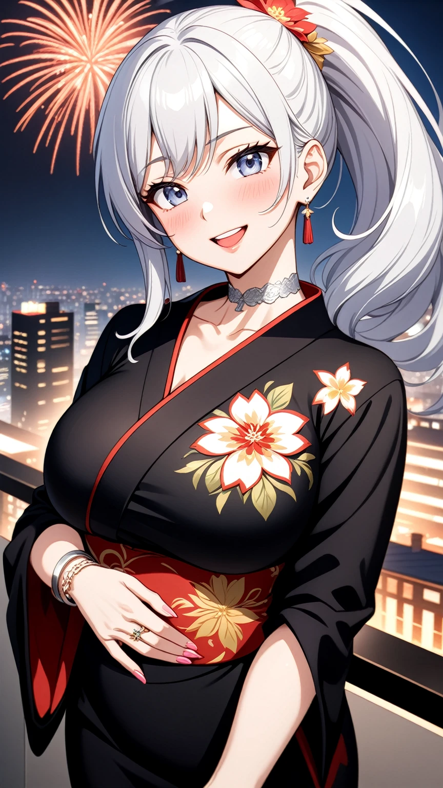 ((one woman)), Beautiful Face, upper body, Laughing embarrassedly, (laugh:1.2),((Wink:2.0)), (head tilt:1.7), Laugh with your mouth wide open, upper teeth, looking at viewer, ((full-face blush:1.6)),Glossy Red Lips, Night view, High rise building terrace, firework, Glossy red lips, Shining Face, ((anime colored)), ((Anime style background)),masterpiece, Highest quality, so beautiful,up to date, Complex details, (Pink long nails),(ring),(bracelet),(Floral choker),AI-generated, Complex,High resolution, Highest quality, super high quality,3D Images、3D Images, One person, Long white hair, High Ponytail, Anime woman posing for a photo, (blue eyes), ((Fine grain、Silvery white, lightly pigmented eyes、Shining Eyes:1.3)), (Squint your eyes:1.1),a hyperRealistic , hyperRealistic , Realistic,Anime woman with long white hair, Smooth anime CG art, ((A woman in a gorgeous kimono embroidered with gold)), ((Long sleeve black kimono:1.2)),((Red floral pattern)),Long flower hair ornament,Earrings,Mature Body,Adult women, (Big Breasts:1.1),Tall,Abdominal muscles,Tight waist,(face focus:1.1), ((front view)),