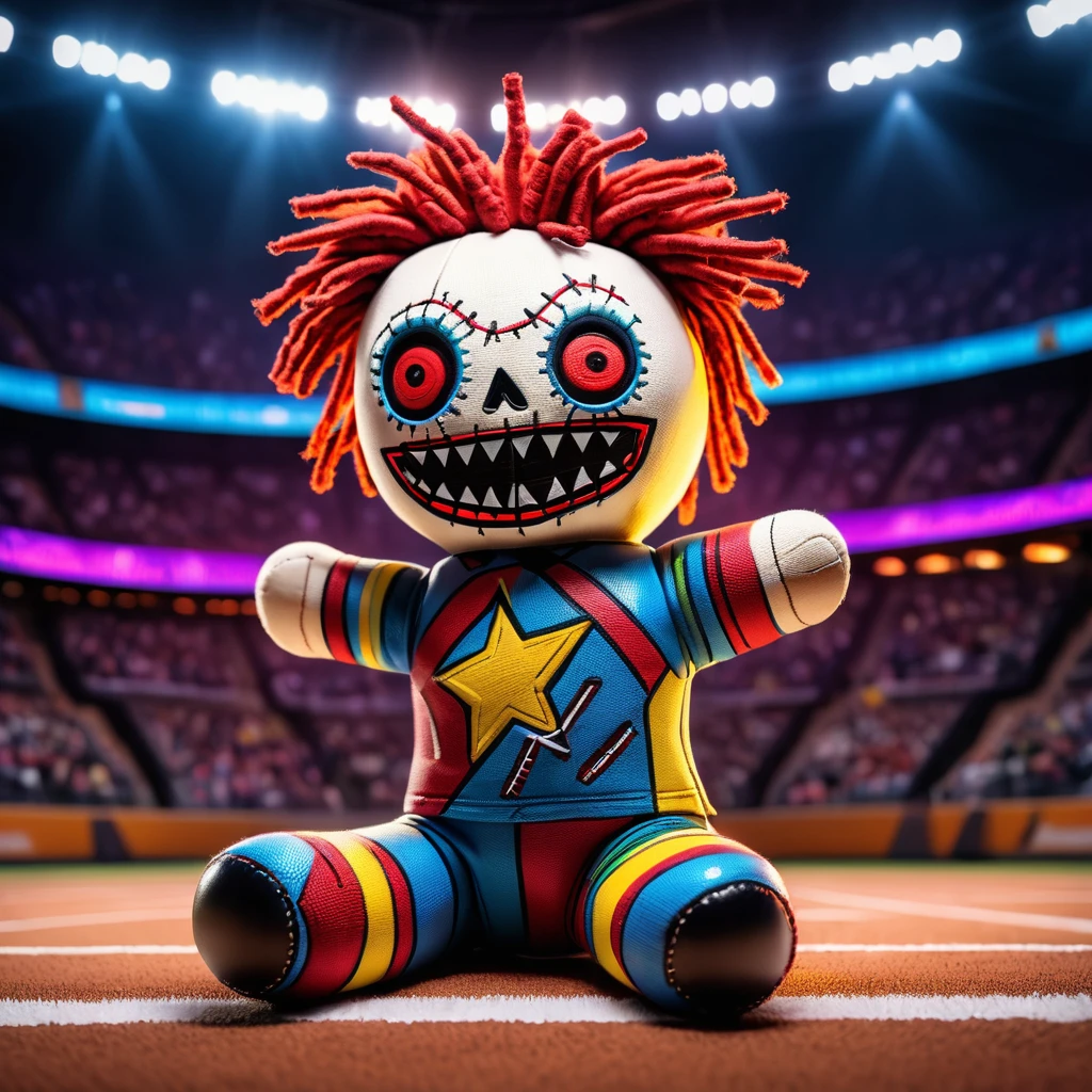 (knitted toy voodoo doll:1.5), (Voodoo Doll on a Sports Arena:1.3), (Clothing: athletic gear with dynamic patterns:1.0), (Accessories: enchanted trophy emitting victory light, floating sports equipment:1.1), (background: vibrant sports arena with cheering crowds, bright lights, and intense competition:1.2), best quality, masterpiece, detailed soft oil painting, detailed background, dramatic cinematic lighting, soft edge lighting, professional, dramatic lighting, hard edge lighting,
ultra quality, 4k,masterpiece, best quality, 8k, ultra highres, highres, extremely detailed