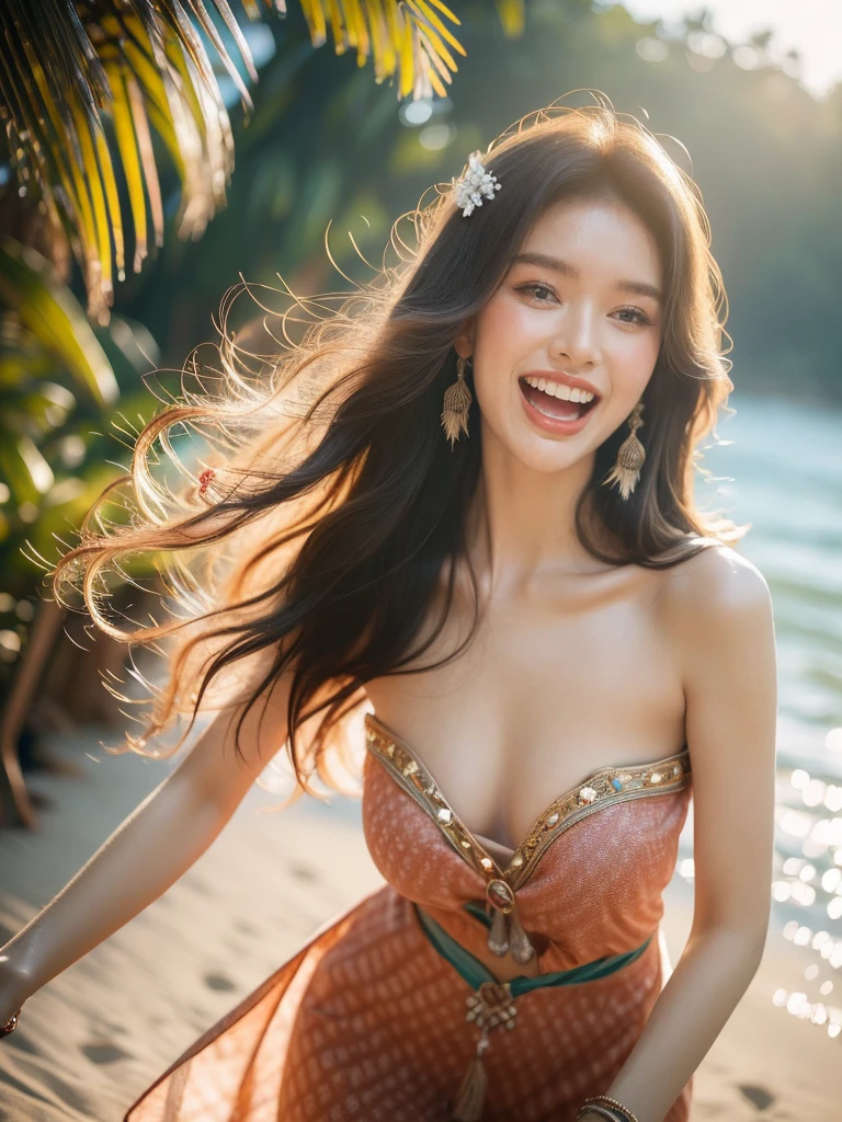 A carefree woman with tousled blonde beach waves is caught mid-laugh in a candid shot. She's wearing a bohemian-style maxi dress that flows in the breeze. The backdrop is a sun-drenched beach with crystal-clear waters and swaying palm trees. It's a vibrant afternoon filled with joy and spontaneity. The lighting is bright and natural, capturing the essence of a perfect summer day. (solo), (candid laugh: 1.4), (bohemian maxi dress: 1.5), (perfect anatomy: 1.3), (afternoon: 1.3), (joyful spontaneous mood: 1.5), (bright natural lighting: 1.4), (beach setting: 1.3), (summer vibes: 1.2), (mid-action shot: 1.3), (boho chic: 1.4), (high detail: 1.5).