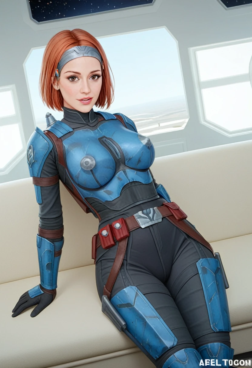 score_9_up, score_8_up, score_7_up, 1girl, solo, mature female, ((Bo Katan)), orange bob hair, brown eyes, pink lips, parted lips, fit slim body, (((blue and white Mandalorian armor suit))), (((white Starship room, space in the porthole, white furniture, highly detailed interior))), perfect model body, seductive pose