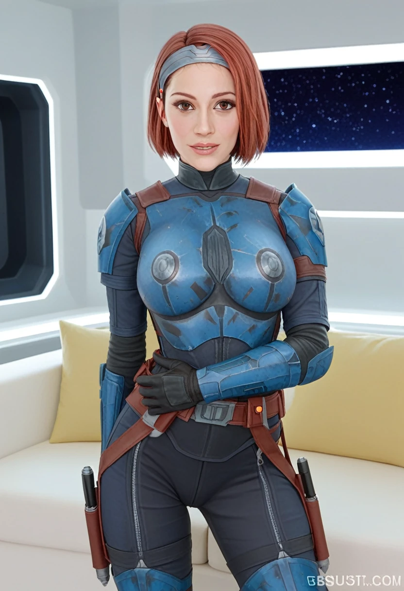 score_9_up, score_8_up, score_7_up, 1girl, solo, mature female, ((Bo Katan)), orange bob hair, brown eyes, pink lips, parted lips, fit slim body, (((blue and white Mandalorian armor suit))), (((white Starship room, space in the porthole, white furniture, highly detailed interior))), perfect model body, seductive pose