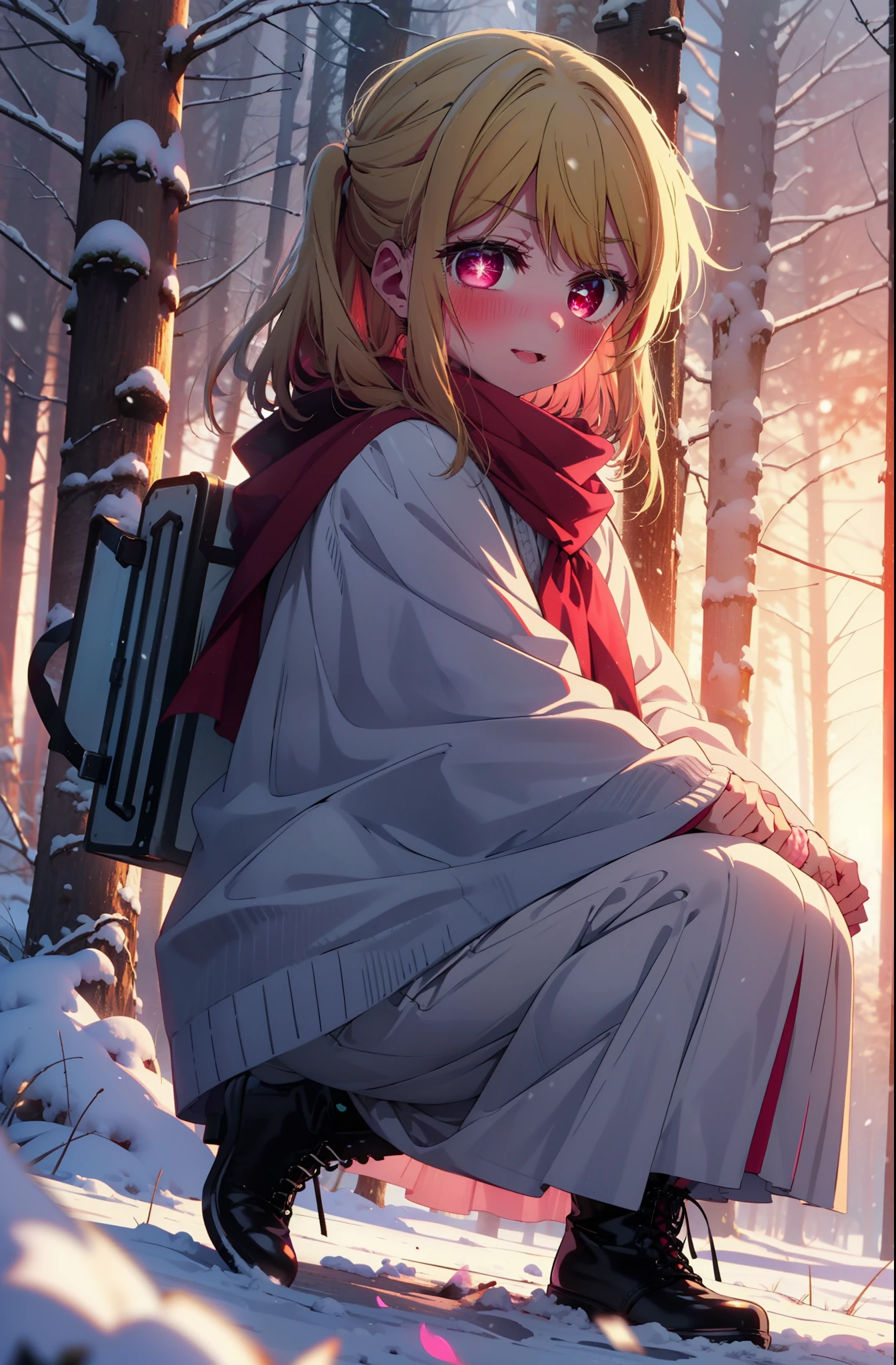 rubyhoshino, Hoshino Ruby, Long Hair, bangs, Blonde, (Pink Eyes:1.3), (Symbol-shaped pupil:1.5), Multicolored Hair, Two-tone hair, smile,blush,White Breath,
Open your mouth,snow,Ground bonfire, Outdoor, boots, snowing, From the side, wood, suitcase, Cape, Blurred, , forest, White handbag, nature, Squat, Mouth closed, Cape, winter, Written boundary depth, Black shoes, red Cape break looking at viewer, Upper Body, whole body, break Outdoor, forest, nature, break (masterpiece:1.2), Highest quality, High resolution, unity 8k wallpaper, (shape:0.8), (Beautiful and beautiful eyes:1.6), Highly detailed face, Perfect lighting, Highly detailed CG, (Perfect hands, Perfect Anatomy),