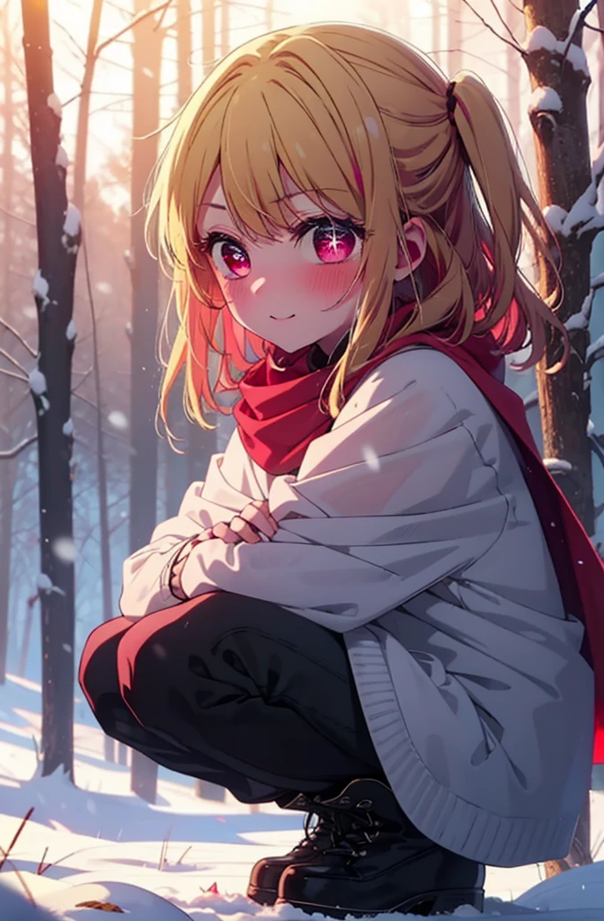 rubyhoshino, Hoshino Ruby, Long Hair, bangs, Blonde, (Pink Eyes:1.3), (Symbol-shaped pupil:1.5), Multicolored Hair, Two-tone hair, smile,blush,White Breath,
Open your mouth,snow,Ground bonfire, Outdoor, boots, snowing, From the side, wood, suitcase, Cape, Blurred, , forest, White handbag, nature,  Squat, Mouth closed, Cape, winter, Written boundary depth, Black shoes, red Cape break looking at viewer, Upper Body, whole body, break Outdoor, forest, nature, break (masterpiece:1.2), Highest quality, High resolution, unity 8k wallpaper, (shape:0.8), (Beautiful and beautiful eyes:1.6), Highly detailed face, Perfect lighting, Highly detailed CG, (Perfect hands, Perfect Anatomy),