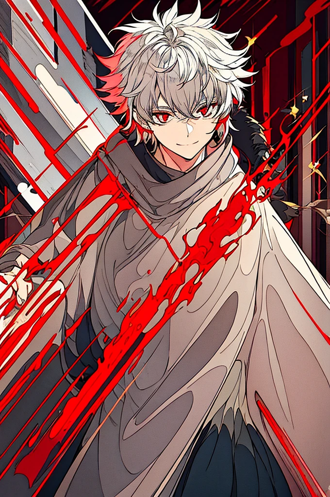 generate a light gray haired boy with short fluffy hair and deep red eyes, holding a glittering red sphere. he wears a dolman-style oversized tunic that fits snugly around the top but flows loosely towards the ends. he puts on a sly smile. he's surrounded by fire.