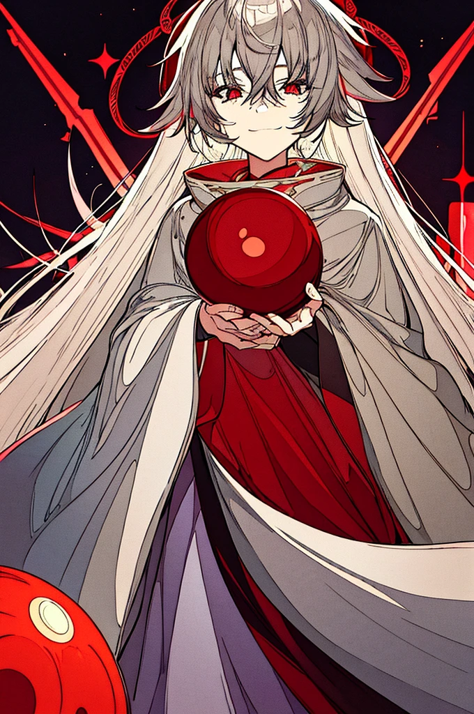 generate a light gray haired boy with short fluffy hair and deep red eyes, holding a glittering red sphere. he wears a dolman-style oversized tunic that fits snugly around the top but flows loosely towards the ends. he puts on a sly smile. he's surrounded by fire.
