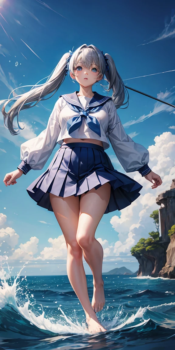 masterpiece:1.2, high quality, 最high quality, clear null, null, Ocean, barefoot, Plump and firm legs、Glare, blue eyes, Gray Hair, Blue inner hair, Twin tails,  Hair Clip, hairpin, Lean back, good, Shoot from above, 1 Girl, digest, Full body shot best quality, 1girl, sailor uniform, blue bloomers, cute, perfect body, Japanese actress, North River style, studio background, full body