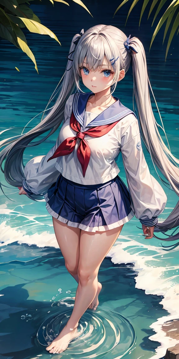 (best quality,4k,8k,highres,masterpiece:1.2),ultra-detailed,(realistic,photorealistic,photo-realistic:1.37), HDR,studio lighting,ultra-fine painting,sharp focus,physically-based rendering,extreme detail description,professional,vivid colors,bokeh,sea beach,crashing waves,cute girl playing in the water,Japanese high school girl,Fresh and vibrant atmosphere,bright sunshine,cool ocean breeze,sandy shore,playful laughter,floating swim ring,clear turquoise water,wet footprints,sun-kissed skin,glistening droplets of water,joyful splashing,sandy playfulness,seagulls soaring in the sky,seashells scattered on the sand,salt spray,a carefree moment captured,lively energy,school sailor uniform,summer vacation vibes,beach umbrella,tranquil scene,enjoying the summer,peaceful horizon beyond the water,relaxation and fun in the sun,memorable beach adventure.