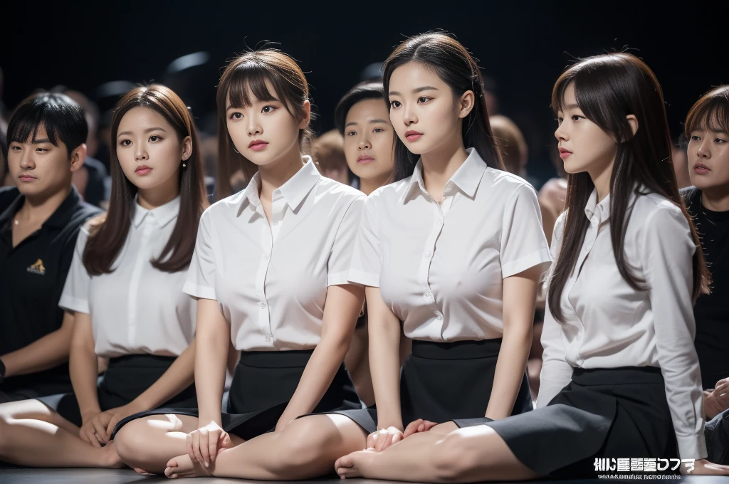 ((Highest quality, 8K, Masterpiece Details, Ultra-high resolution, Highly detailed real nipples)), (Group photo),(Looking at the audience), (Full Shot:), 魅力的なビジネス 5-peopleの女のこ5-people, Slightly thicker:0.25, Seductive look, White collared shirt, Grey Skirt, (sit cross-legged at one's desk in the office)), smile, CEO's Office,