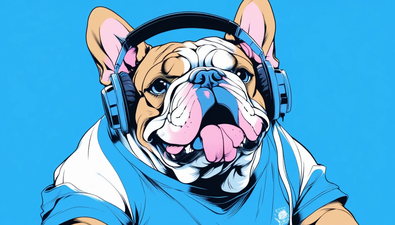 Illustrator, anime , Realistic ,sketch , Bulldog with headphones, Stretching,lip, T-shirt,order,Textured Trim, (masterpiece,Highest quality) Blue background, Neon Hair,Textured Trim, Canadian, (masterpiece,Highest quality) Cancer，
