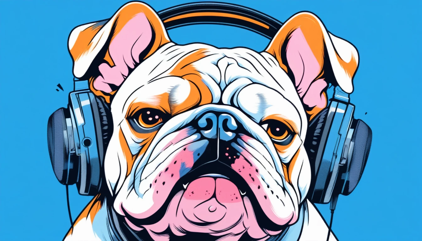 Illustrator, anime , Realistic ,sketch , Bulldog with headphones, Stretching,lip, T-shirt,order,Textured Trim, (masterpiece,Highest quality) Blue background, Neon Hair,Textured Trim, Canadian, (masterpiece,Highest quality) Cancer,
