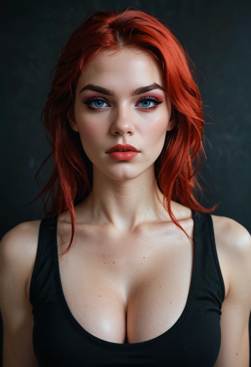 eyelashes,eyeshadow,eyebrows,blue eyes, small nose, bold lips,face,red hair,straight hair,1girl,18 years old, (face and bust portrait), pale skin, big breasts, soft breasts, black tank top, spaghettie straps, cleavage, 