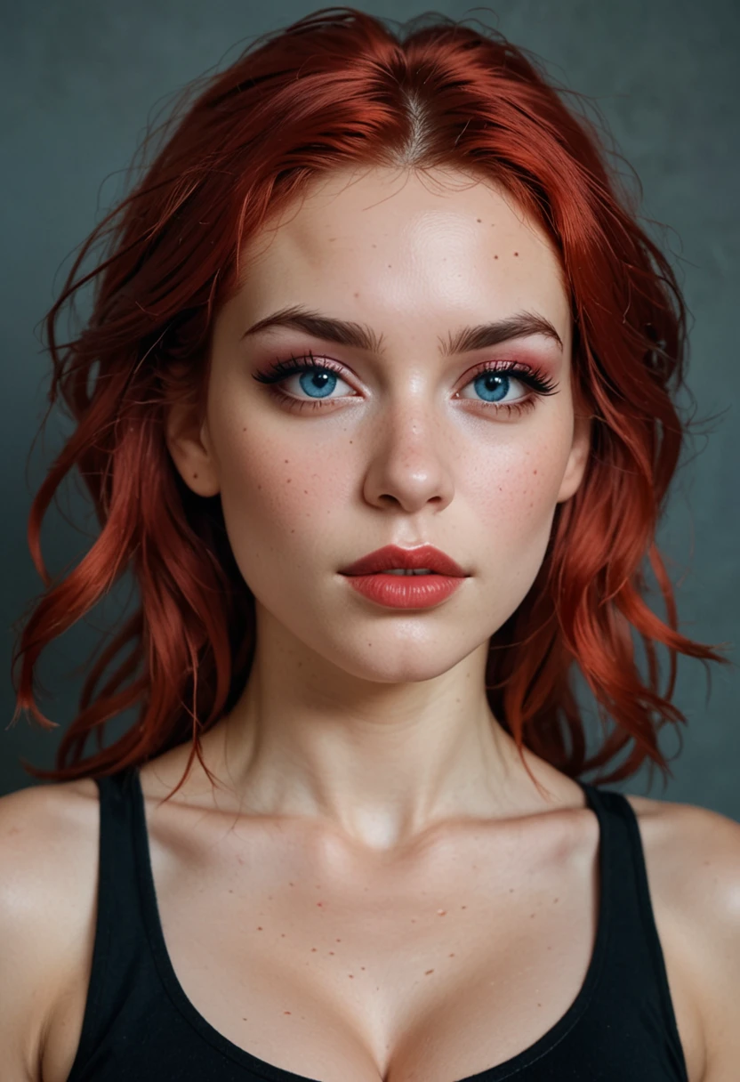 eyelashes,eyeshadow,eyebrows,blue eyes, small nose, bold lips,face,red hair,straight hair,1girl,18 years old, (face and bust portrait), pale skin, big breasts, soft breasts, black tank top, spaghettie straps, cleavage,