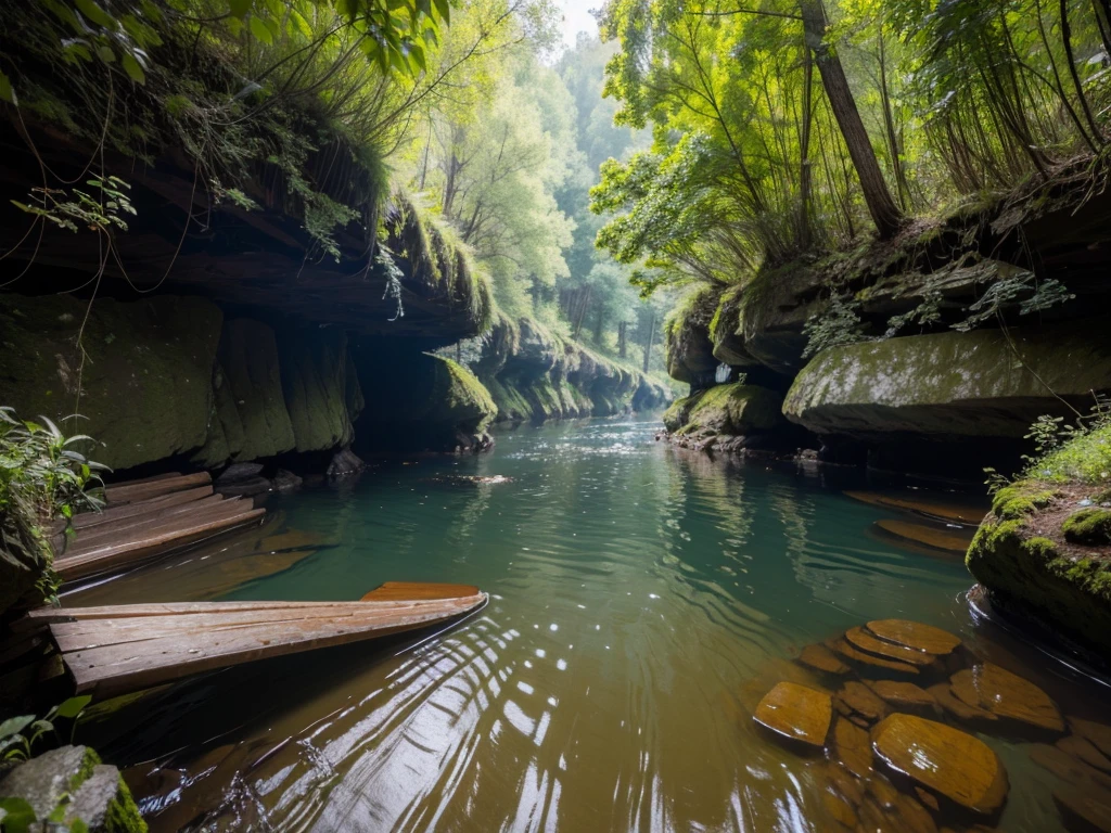 8K HD quality，Deep Canyon Photos, River forest forest grows in the river，Wooden cabin with raft