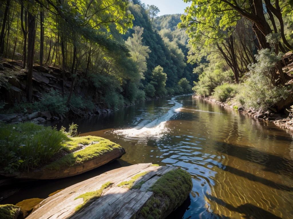 8K HD quality，Deep Canyon Photos, River forest forest grows in the river，Wooden cabin with raft