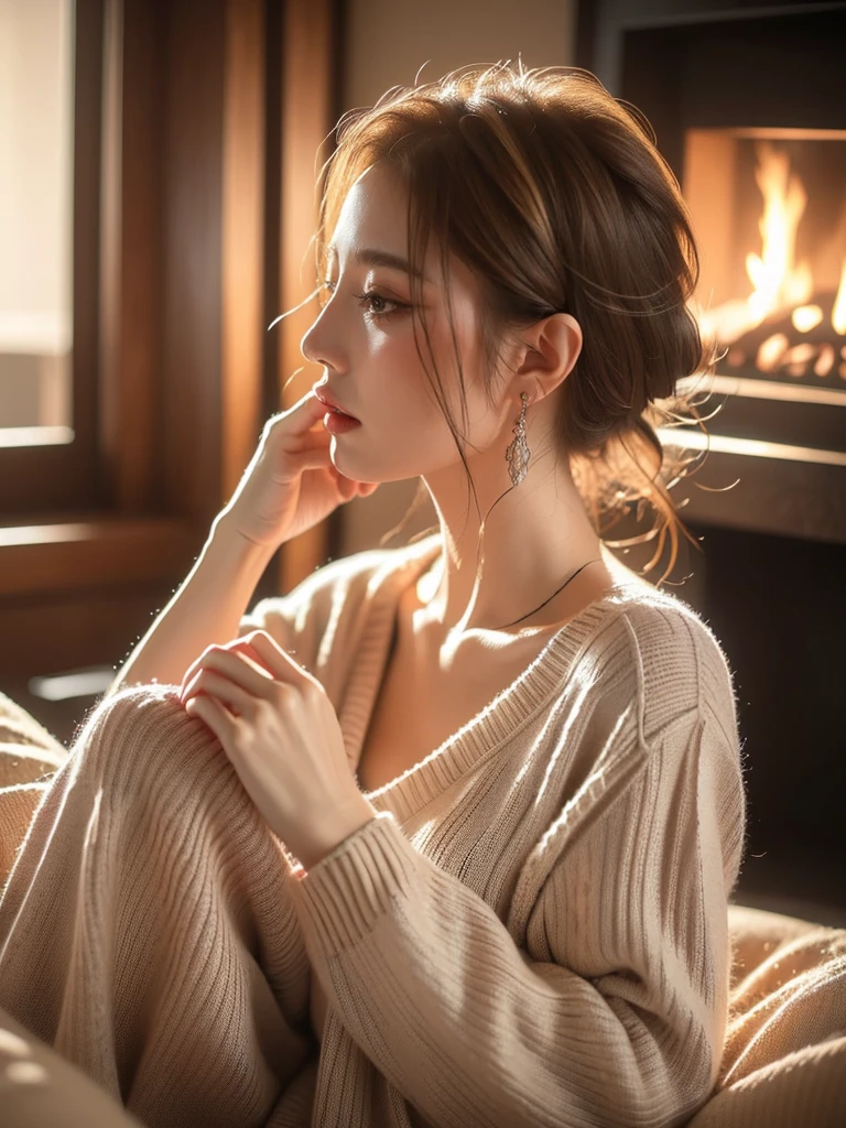 A pensive woman with loose blonde waves is captured in an intimate close-up profile. She's wearing a cozy oversized sweater that adds to the comfortable atmosphere. The setting is a warm, inviting living room with a crackling fireplace. It's a quiet winter evening with a reflective and introspective mood. The lighting is warm and gentle, creating a sense of intimacy and comfort. (solo), (pensive pose: 1.4), (oversized sweater: 1.5), (perfect anatomy: 1.3), (evening: 1.3), (reflective introspective mood: 1.5), (warm gentle lighting: 1.4), (cozy living room: 1.3), (winter atmosphere: 1.2), (close-up profile: 1.3), (casual chic: 1.4), (high detail: 1.5).