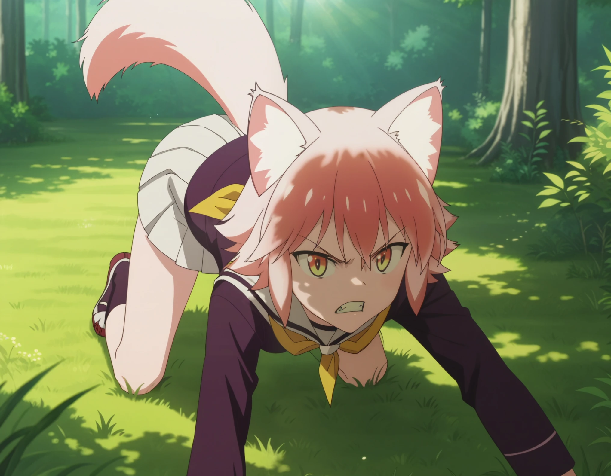 score_9, score_8_up, score_7_up, source_anime, anime screencap, anime coloring, ranka, 1girl, animal ears, wolf girl, wolf ears, wolf tail, tail,. animal ear fluff, serafuku, pleated skirt, neckerchief, on all fours, forest, grass, dappled sunlight, clenched teeth, fangs, looking at viewer, angry